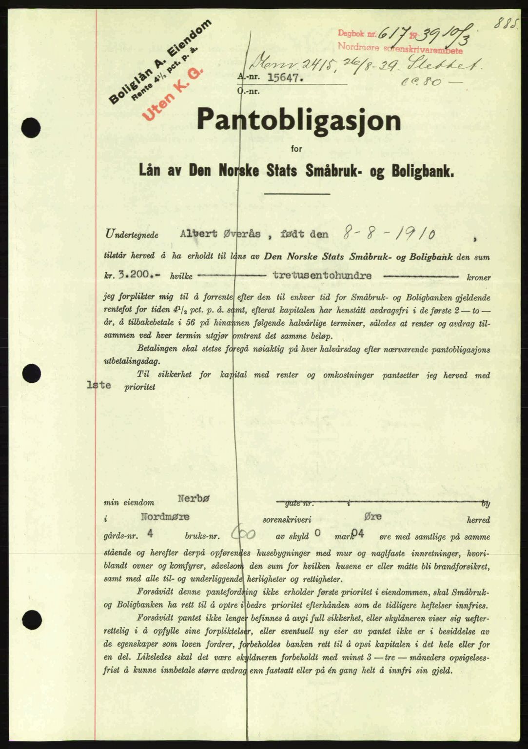 Nordmøre sorenskriveri, AV/SAT-A-4132/1/2/2Ca: Mortgage book no. B84, 1938-1939, Diary no: : 617/1939