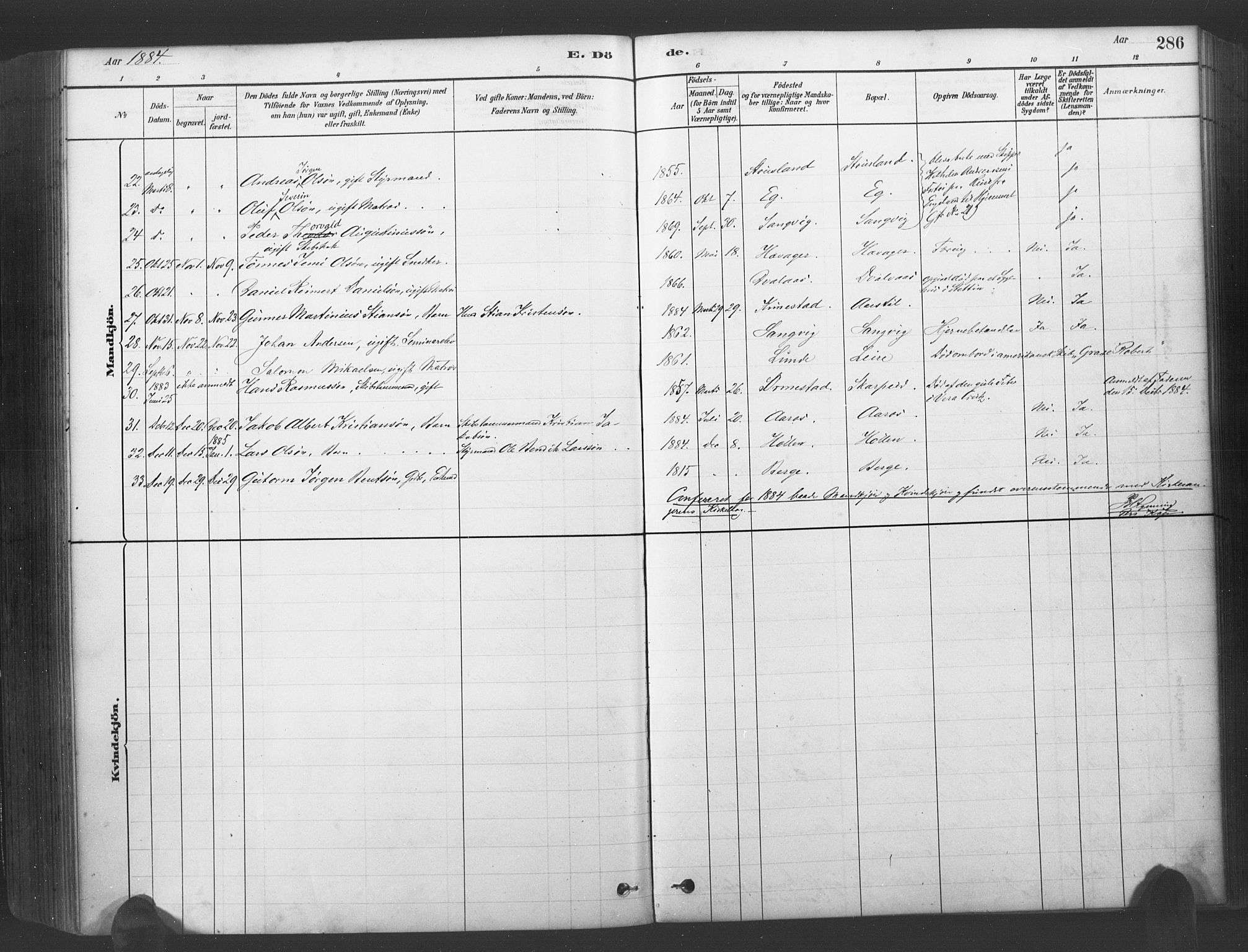 Søgne sokneprestkontor, AV/SAK-1111-0037/F/Fa/Fab/L0012: Parish register (official) no. A 12, 1880-1891, p. 286