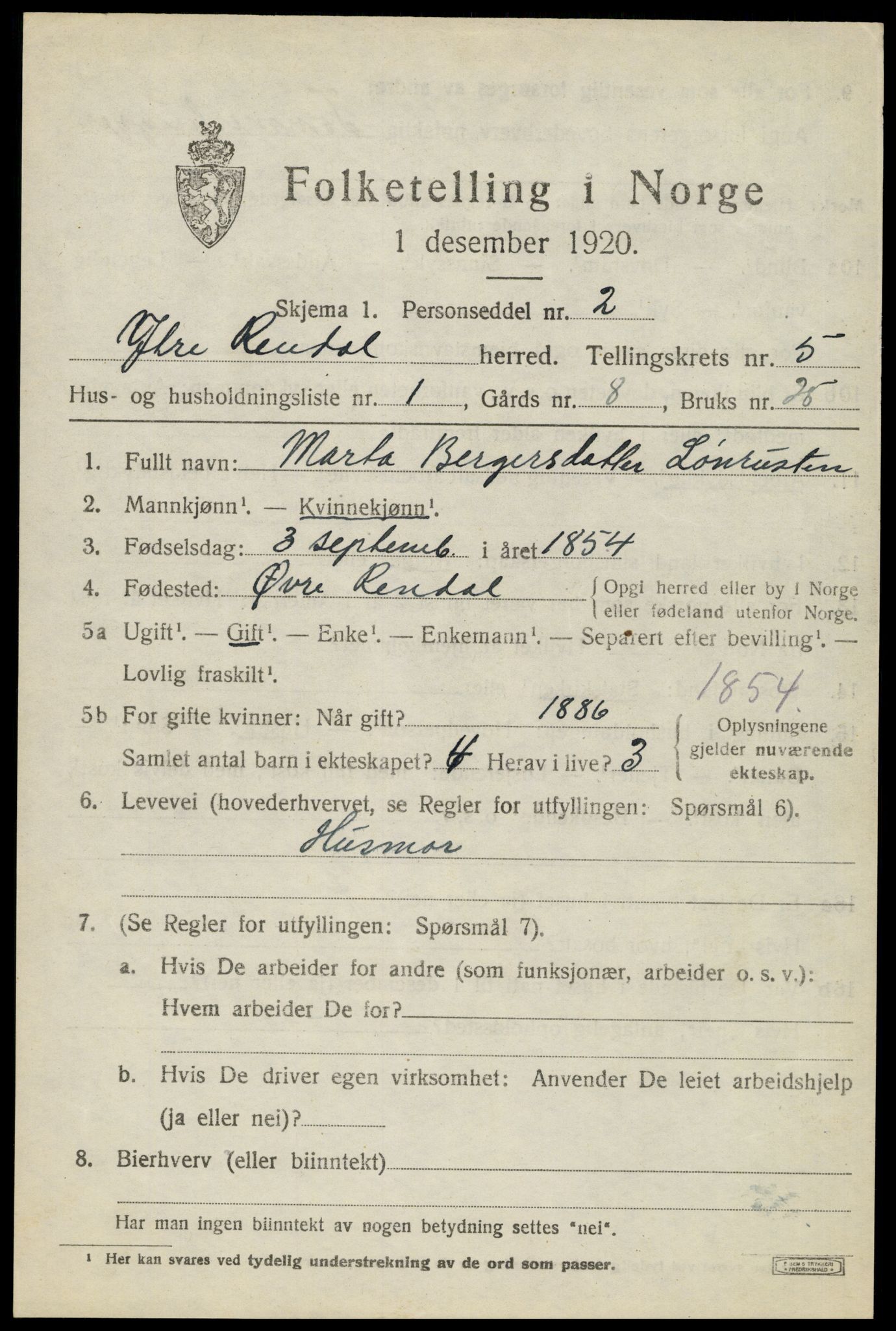 SAH, 1920 census for Ytre Rendal, 1920, p. 2641