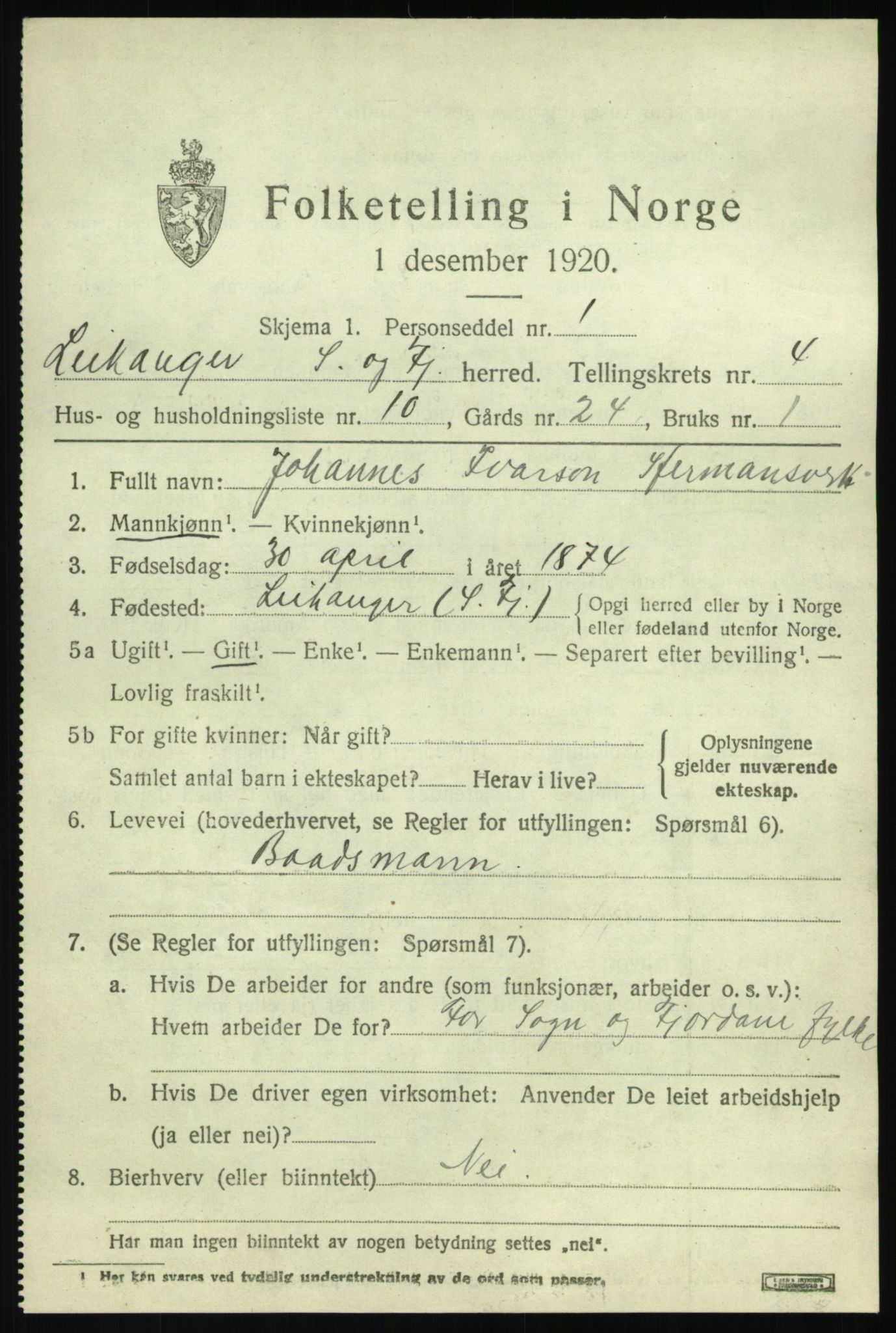 SAB, 1920 census for Leikanger, 1920, p. 2934