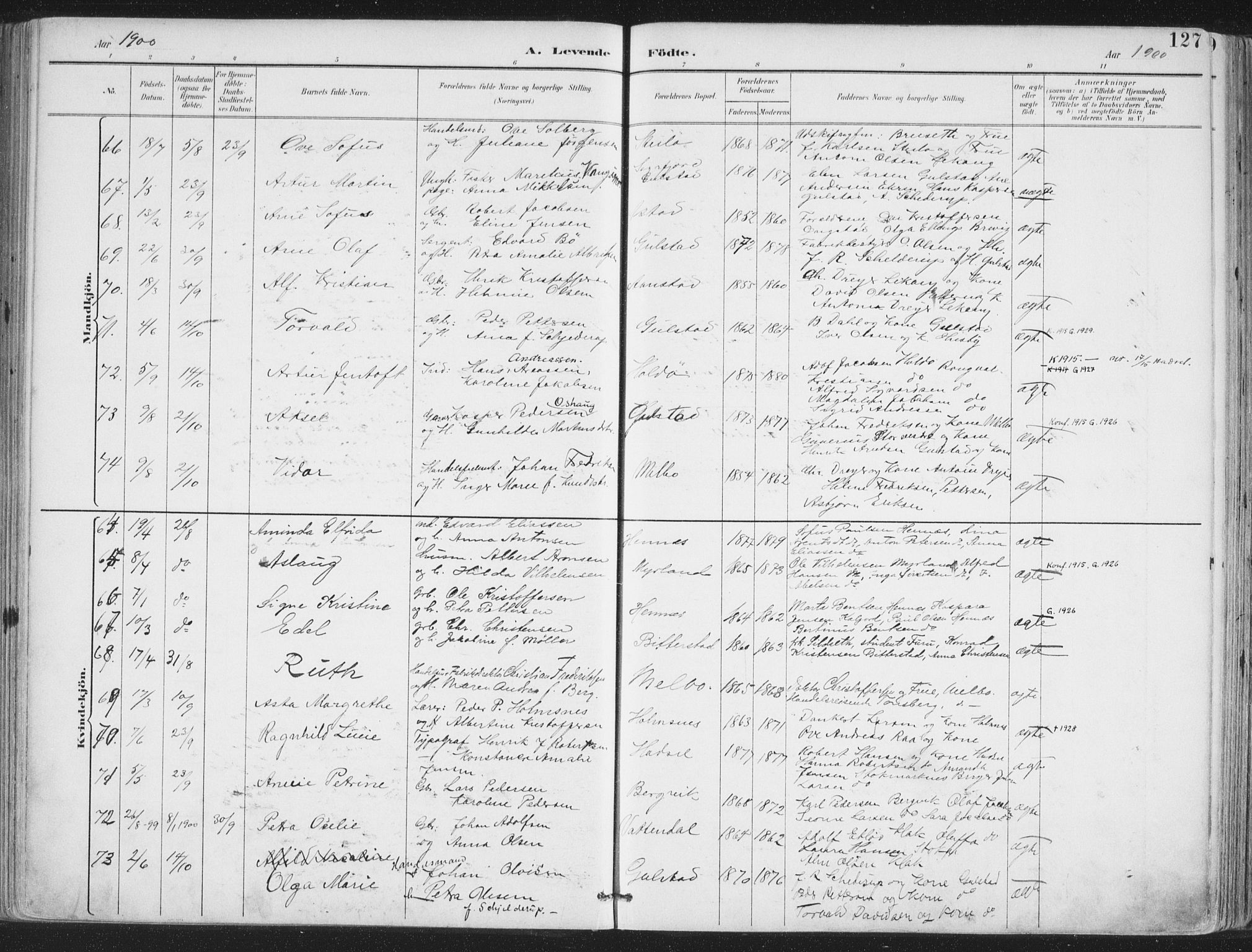 Ministerialprotokoller, klokkerbøker og fødselsregistre - Nordland, AV/SAT-A-1459/888/L1246: Parish register (official) no. 888A12, 1891-1903, p. 127