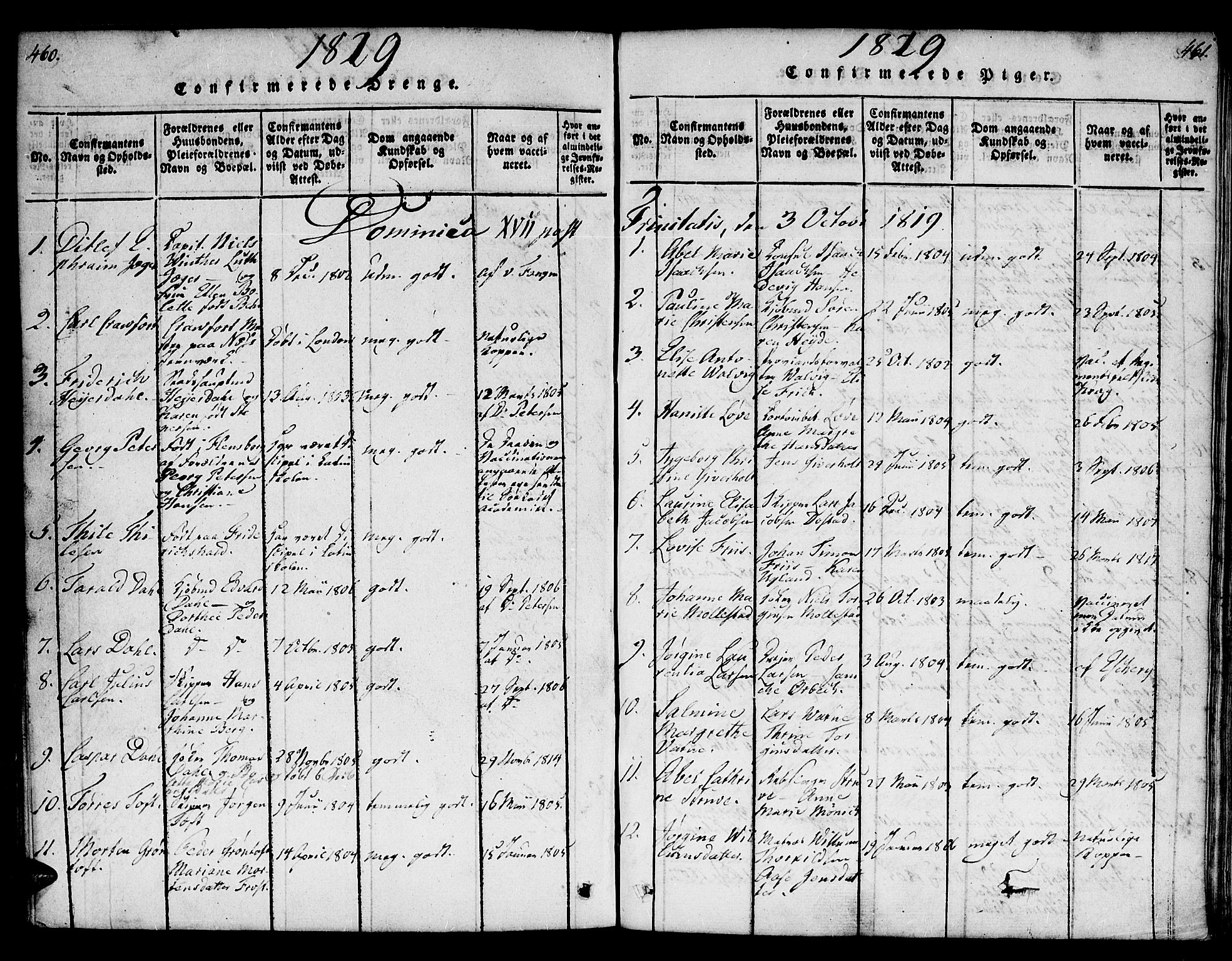 Kristiansand domprosti, SAK/1112-0006/F/Fb/L0001: Parish register (copy) no. B 1, 1818-1821, p. 460-461