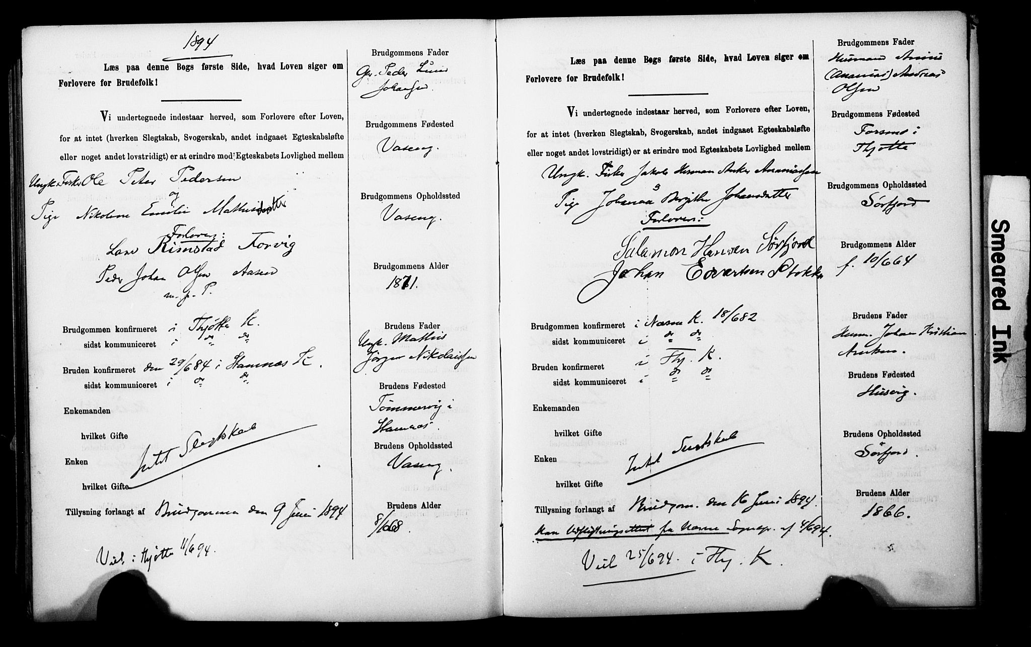 Uten arkivreferanse**, SAT/-: Banns register no. 1 /2 (Trøgstad), 1891-1895