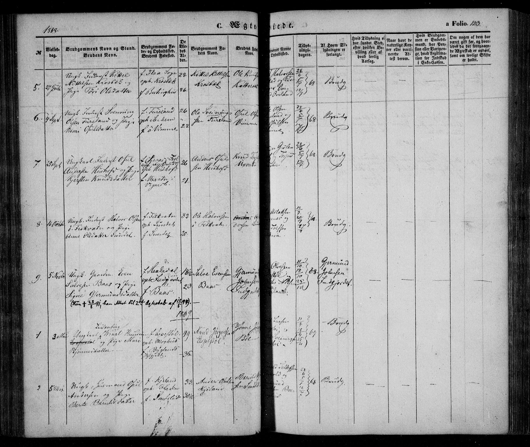 Åmli sokneprestkontor, SAK/1111-0050/F/Fa/Fac/L0008: Parish register (official) no. A 8, 1852-1869, p. 123