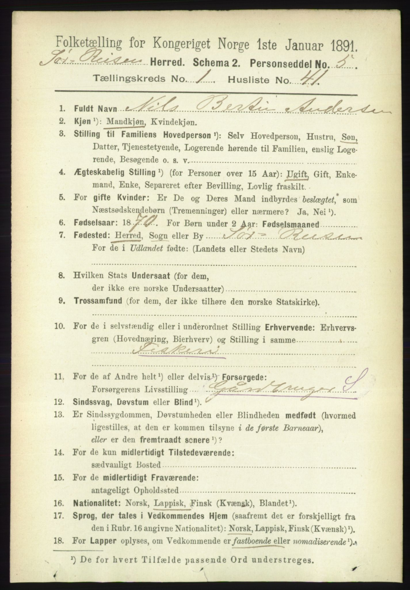 RA, 1891 census for 1925 Sørreisa, 1891, p. 326