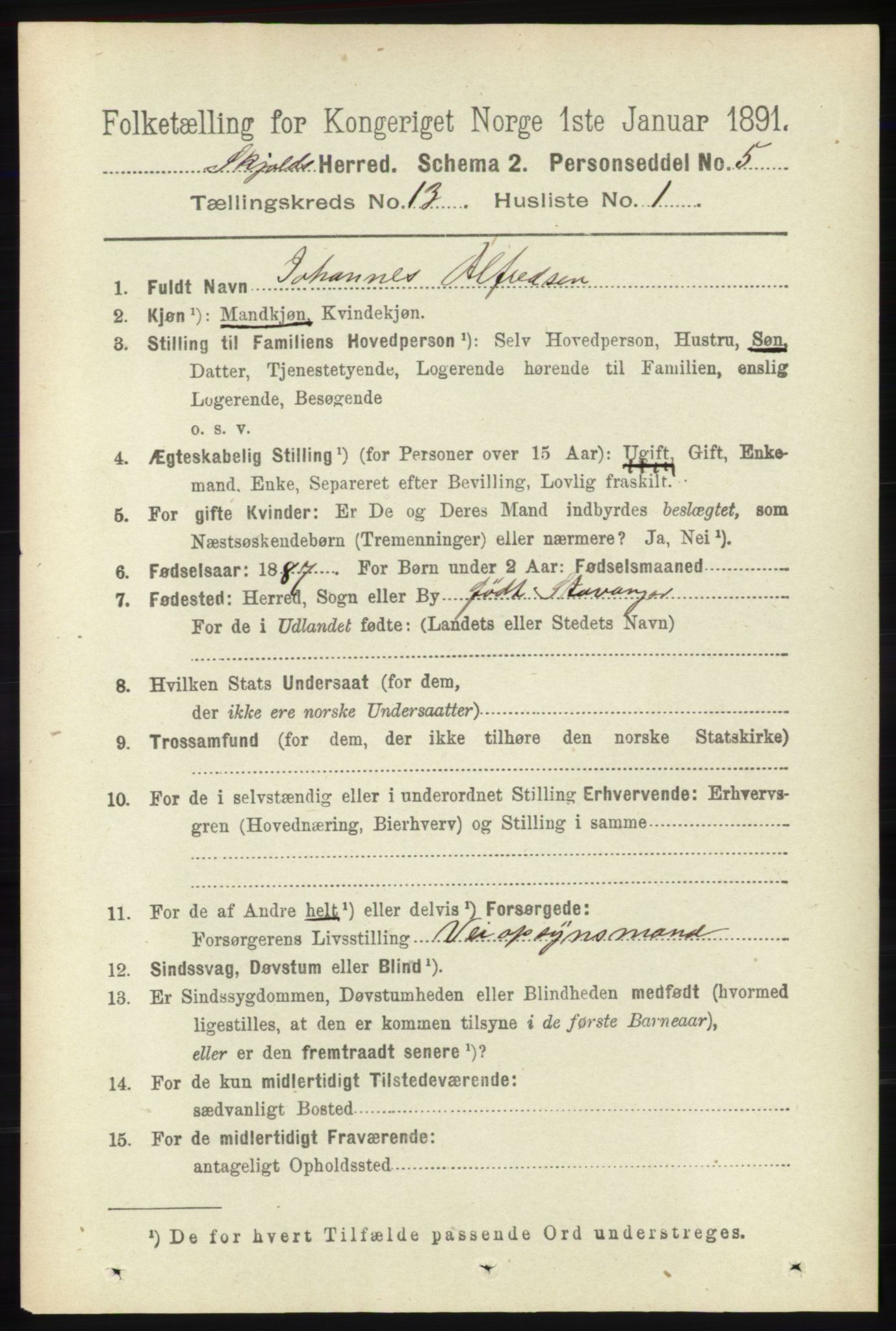 RA, 1891 census for 1154 Skjold, 1891, p. 2405