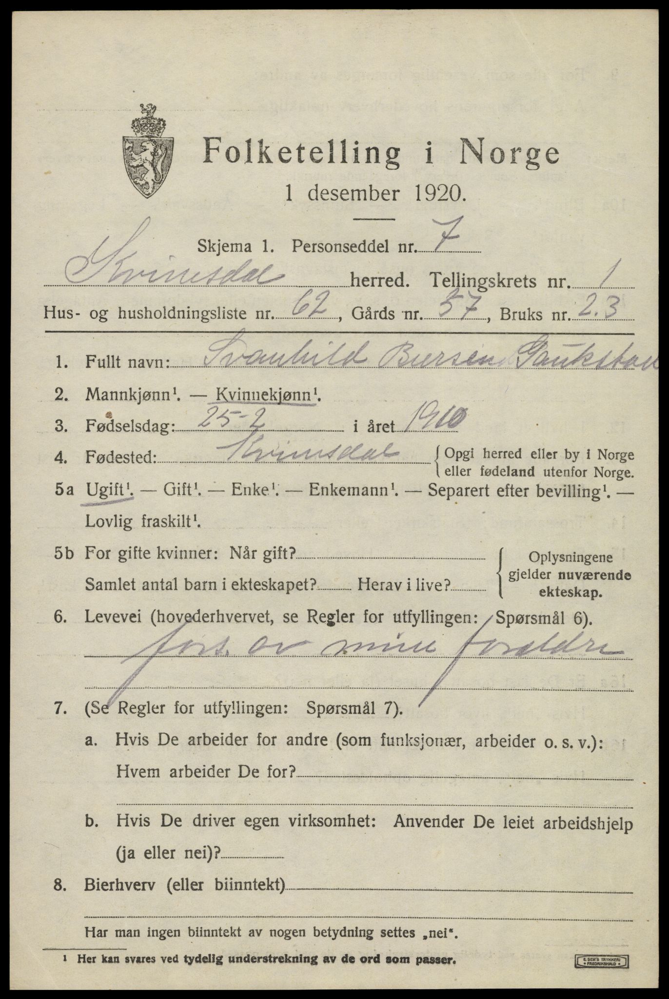 SAK, 1920 census for Kvinesdal, 1920, p. 1819