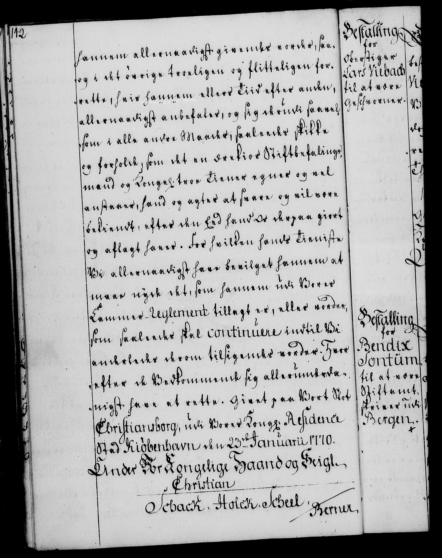 Rentekammeret, Kammerkanselliet, RA/EA-3111/G/Gg/Gge/L0004: Norsk bestallingsprotokoll med register (merket RK 53.28), 1762-1771, p. 142