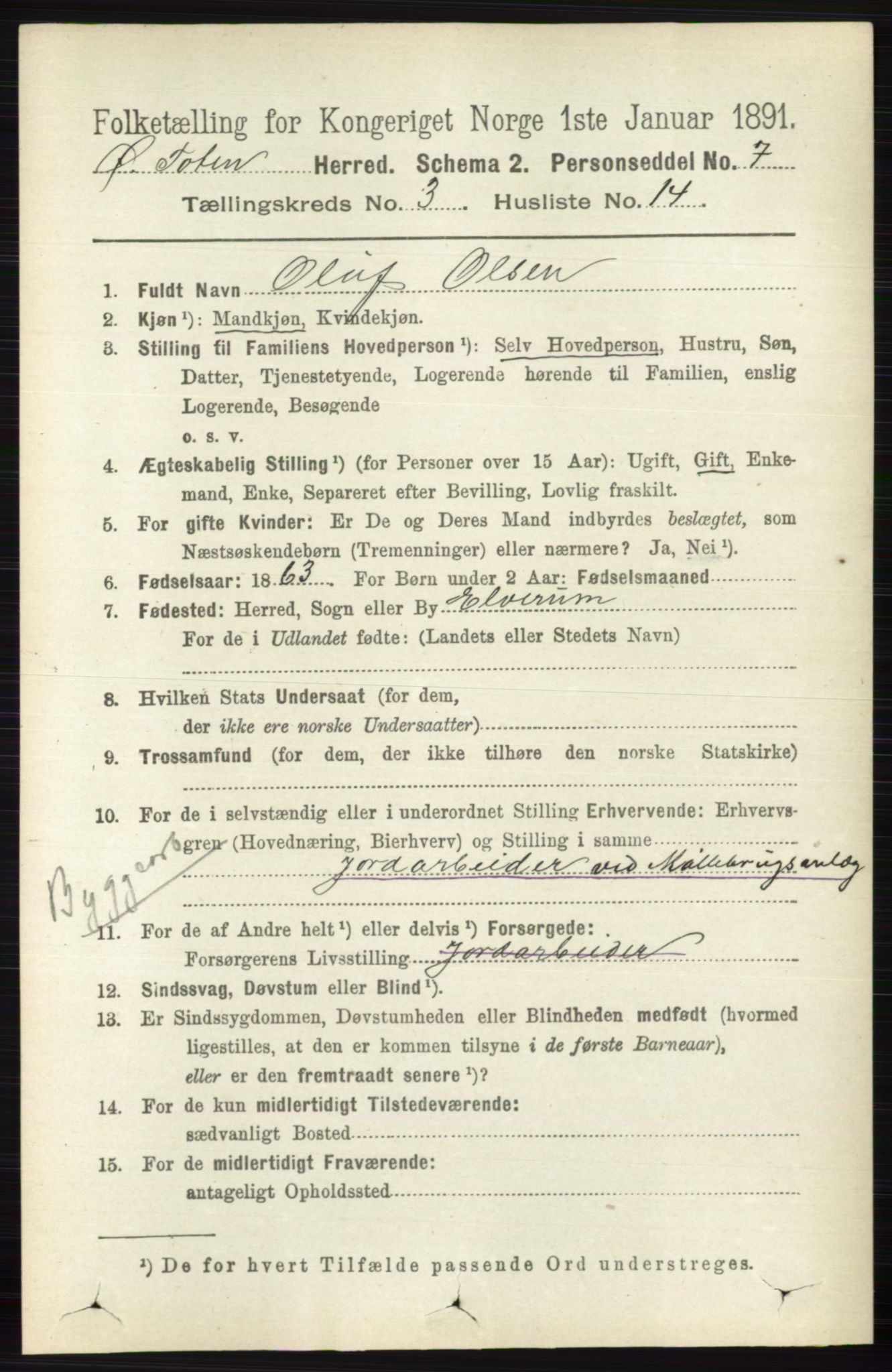 RA, 1891 census for 0528 Østre Toten, 1891, p. 1640