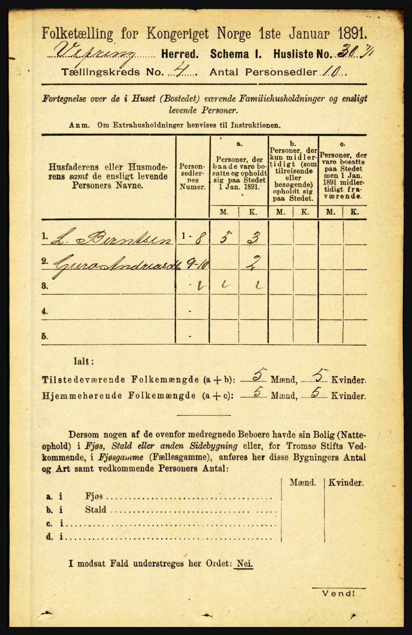 RA, 1891 census for 1434 Vevring, 1891, p. 1178