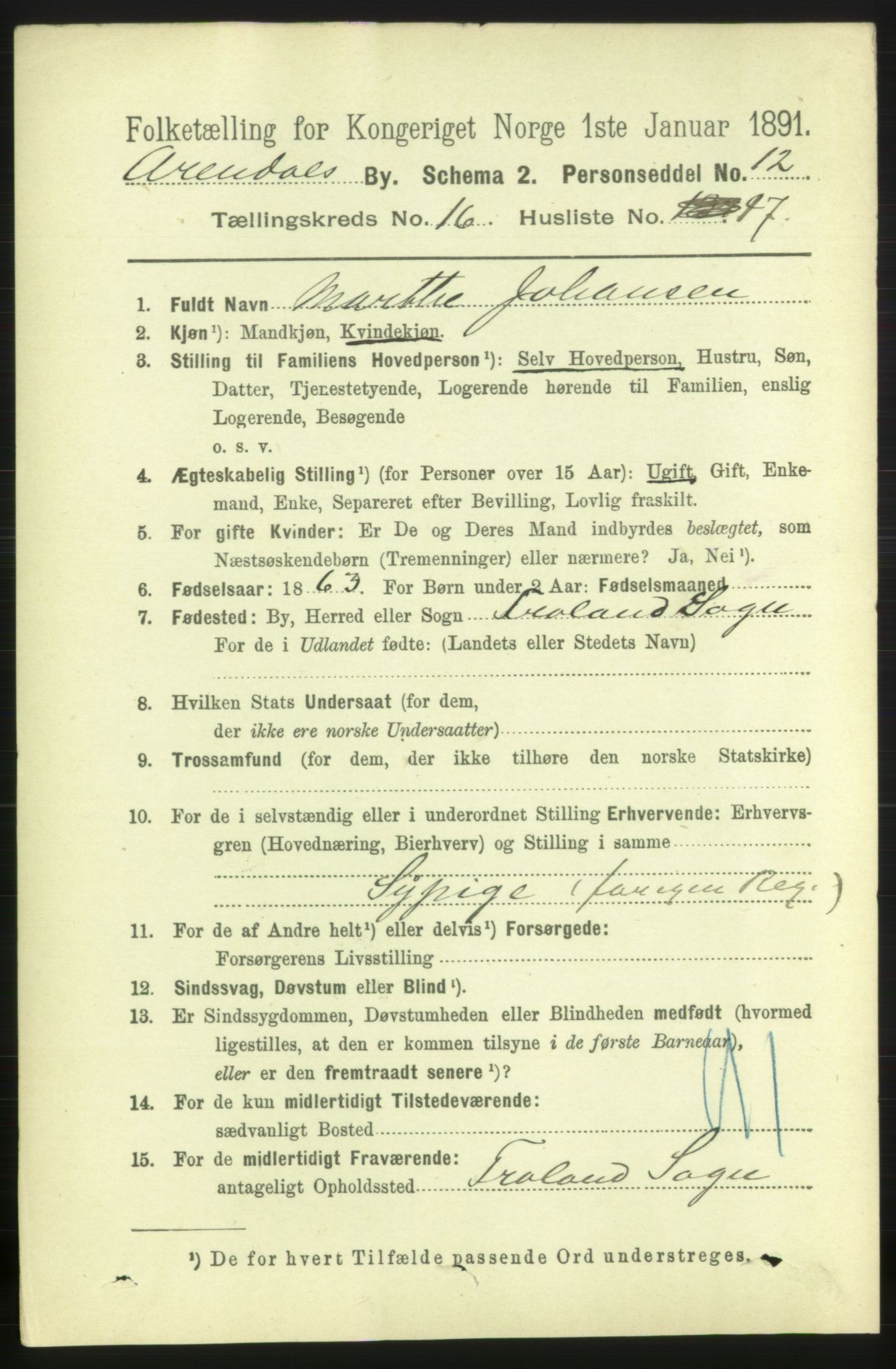 RA, 1891 census for 0903 Arendal, 1891, p. 5581