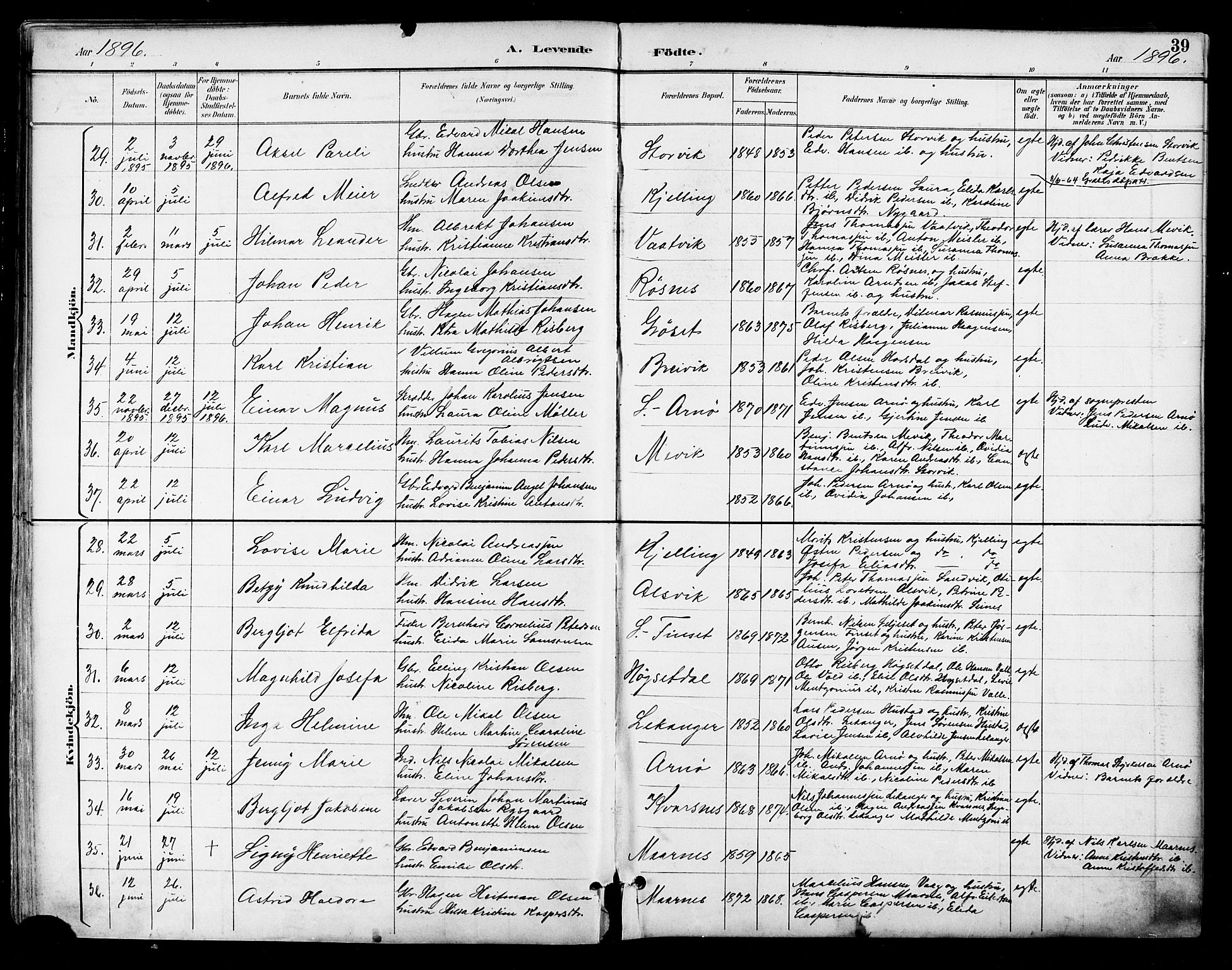 Ministerialprotokoller, klokkerbøker og fødselsregistre - Nordland, AV/SAT-A-1459/805/L0101: Parish register (official) no. 805A07, 1892-1899, p. 39