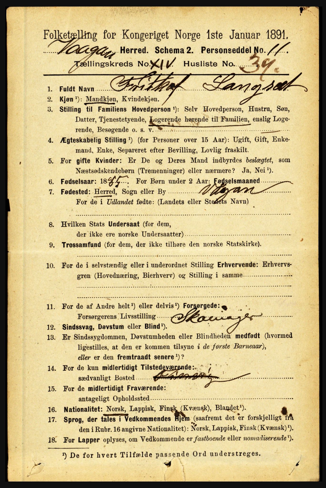 RA, 1891 census for 1865 Vågan, 1891, p. 4023