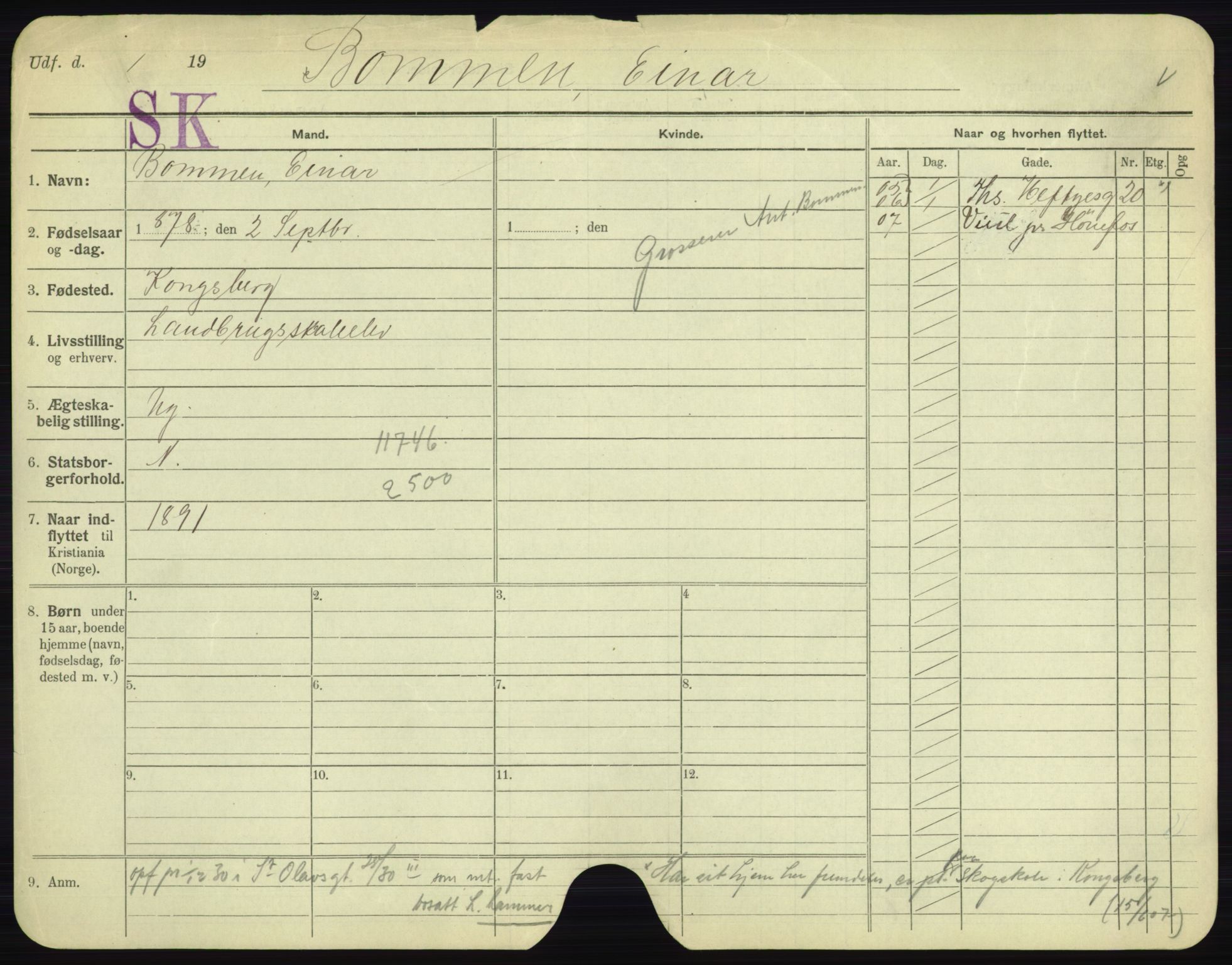 Oslo folkeregister, Registerkort, SAO/A-11715/F/Fa/Fac/L0002: Menn, 1906-1914, p. 101a