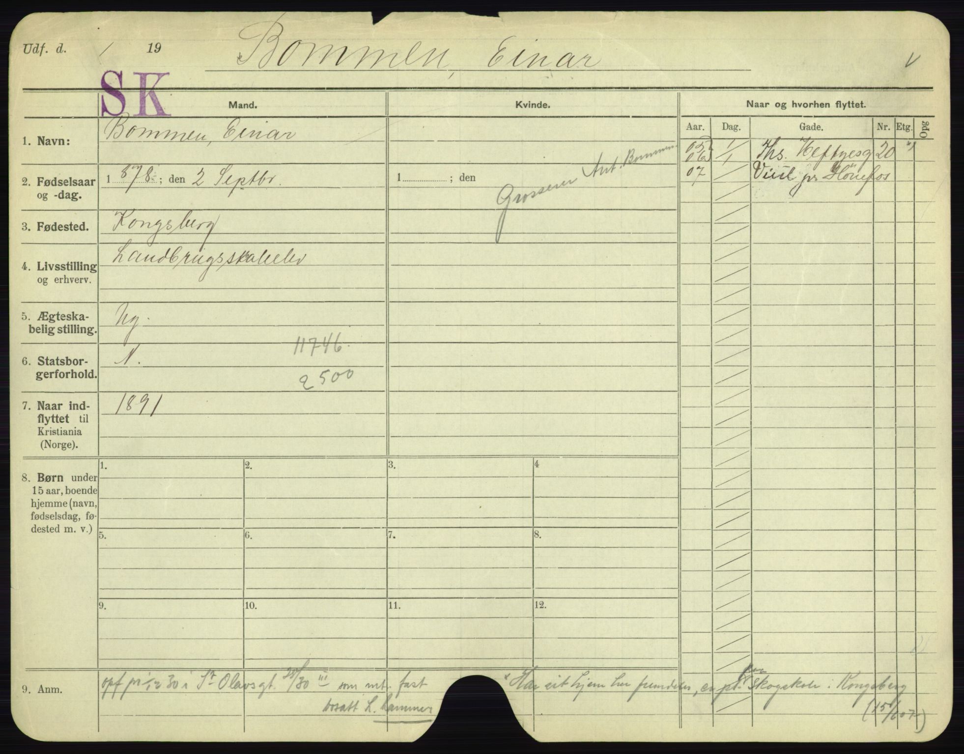 Oslo folkeregister, Registerkort, AV/SAO-A-11715/F/Fa/Fac/L0002: Menn, 1906-1914, p. 101a