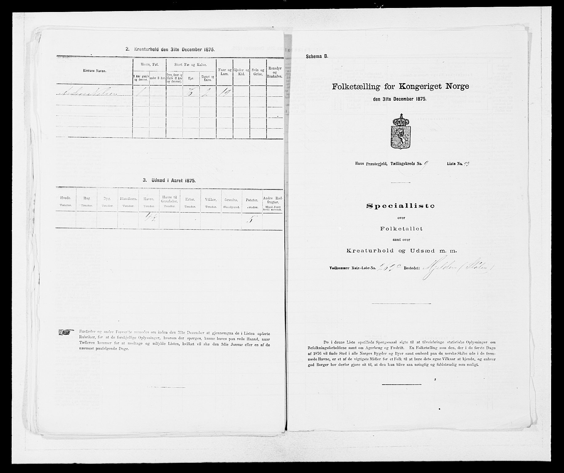 SAB, 1875 census for 1250P Haus, 1875, p. 1170