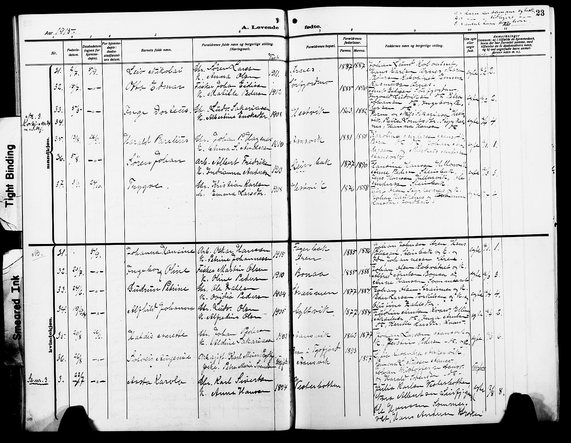 Ministerialprotokoller, klokkerbøker og fødselsregistre - Nordland, AV/SAT-A-1459/854/L0787: Parish register (copy) no. 854C03, 1913-1926, p. 23