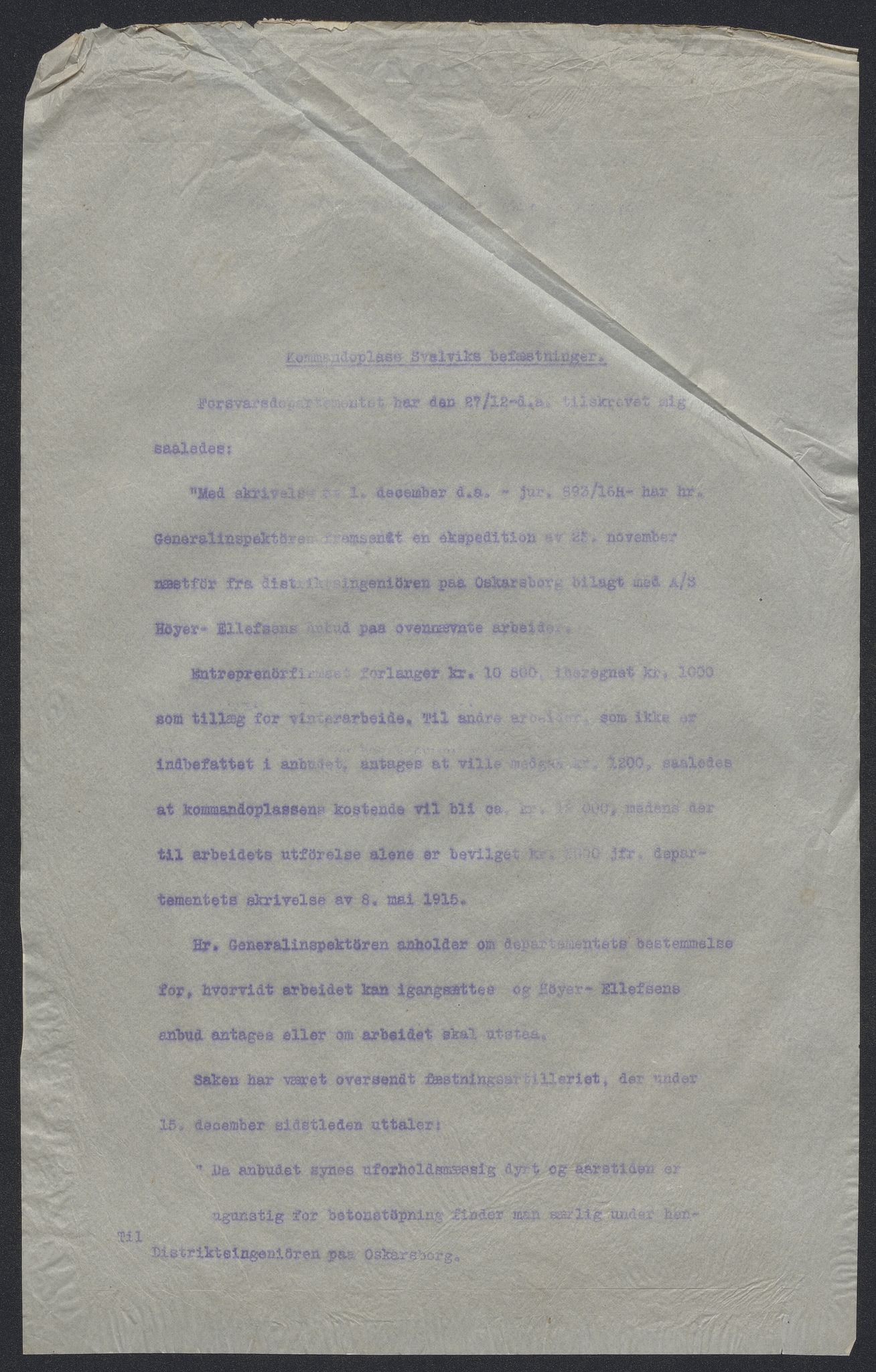 Forsvaret, Oscarsborg festning ingeniørdetasjementet/distriktsingeniøren, AV/RA-RAFA-1865/D/Da/L0154/0007: -- / Ko. pl. for 15 cm batteriet, 1916, p. 3