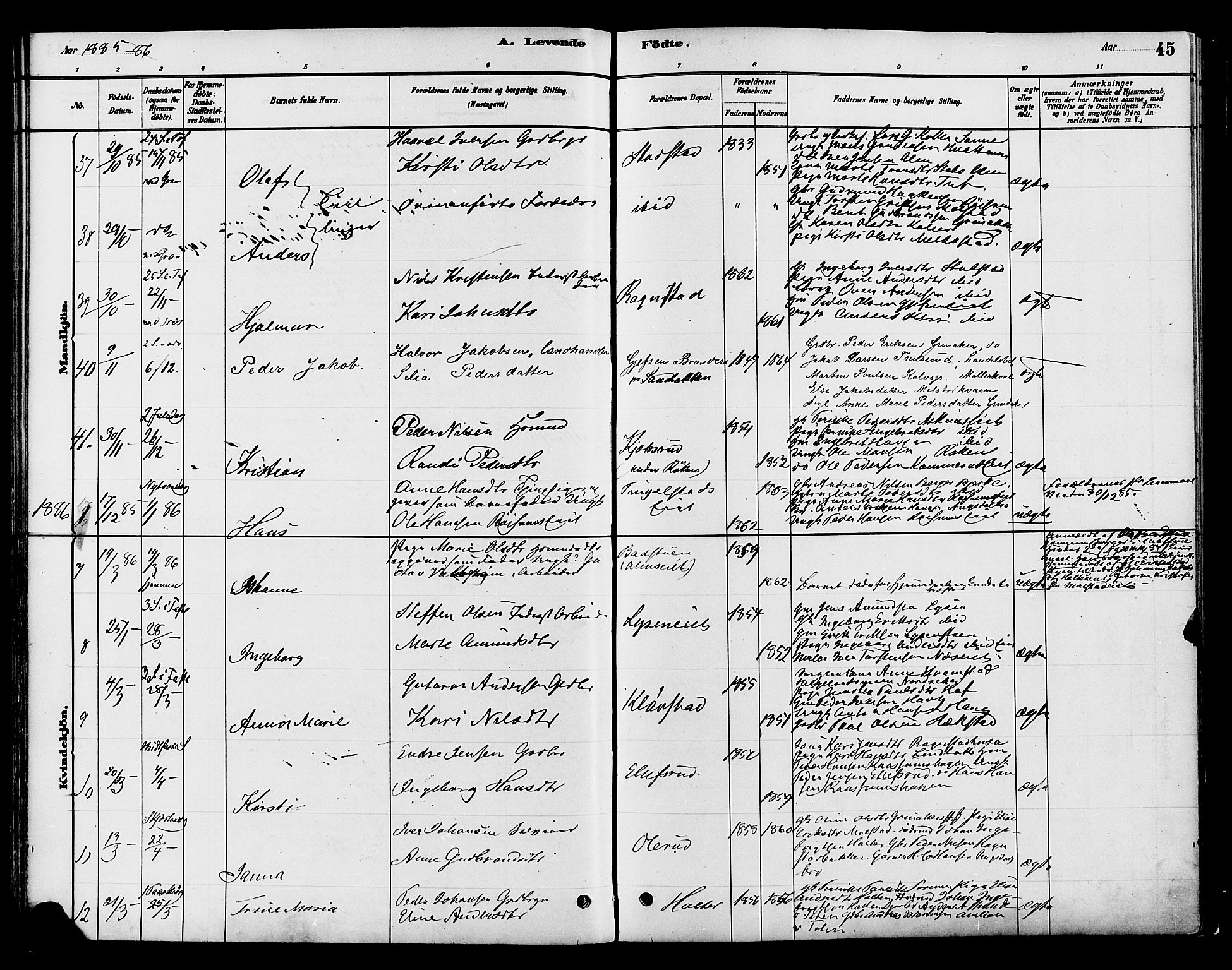 Gran prestekontor, SAH/PREST-112/H/Ha/Haa/L0016: Parish register (official) no. 16, 1880-1888, p. 45