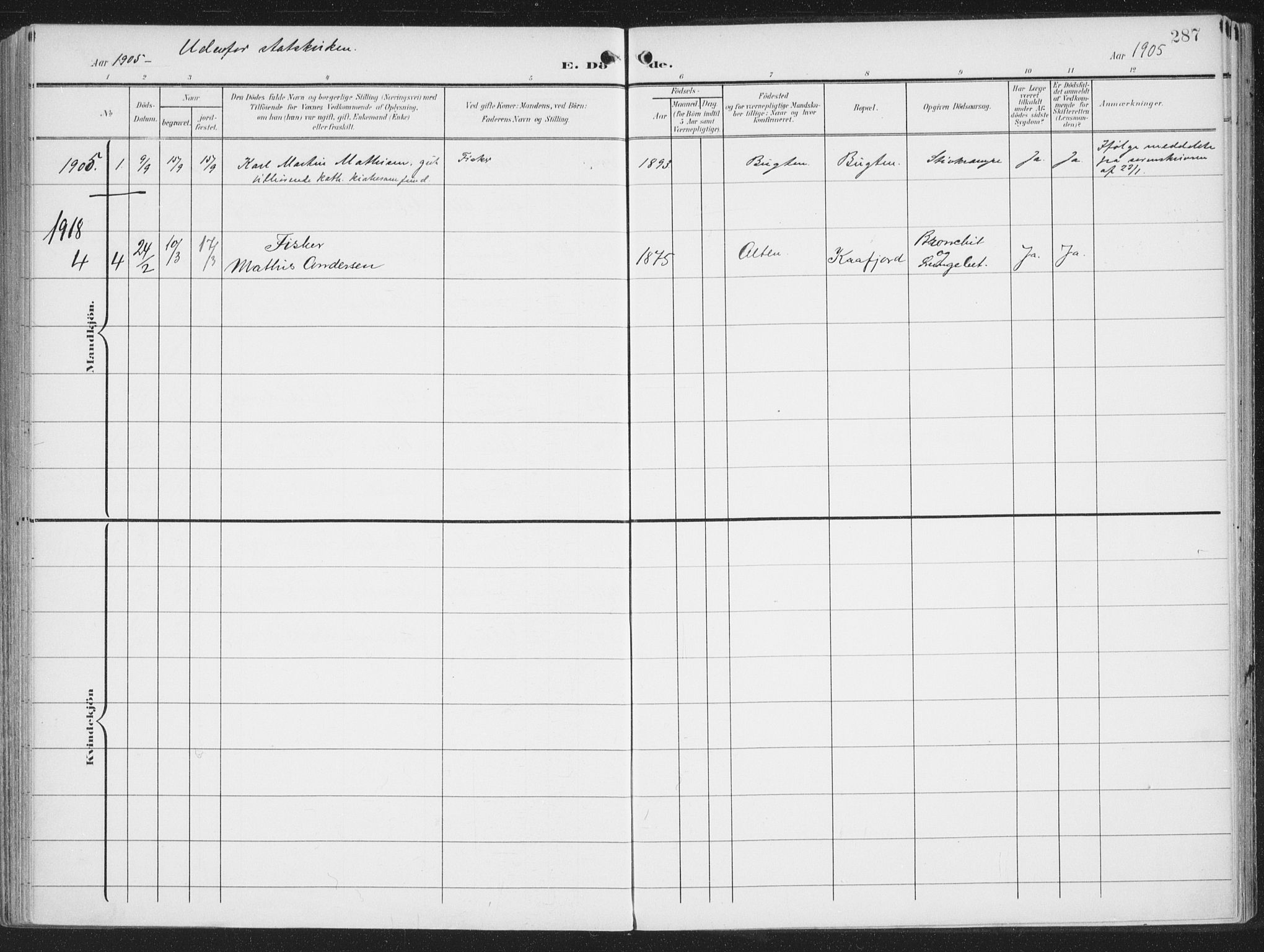 Alta sokneprestkontor, SATØ/S-1338/H/Ha/L0005.kirke: Parish register (official) no. 5, 1904-1918, p. 287