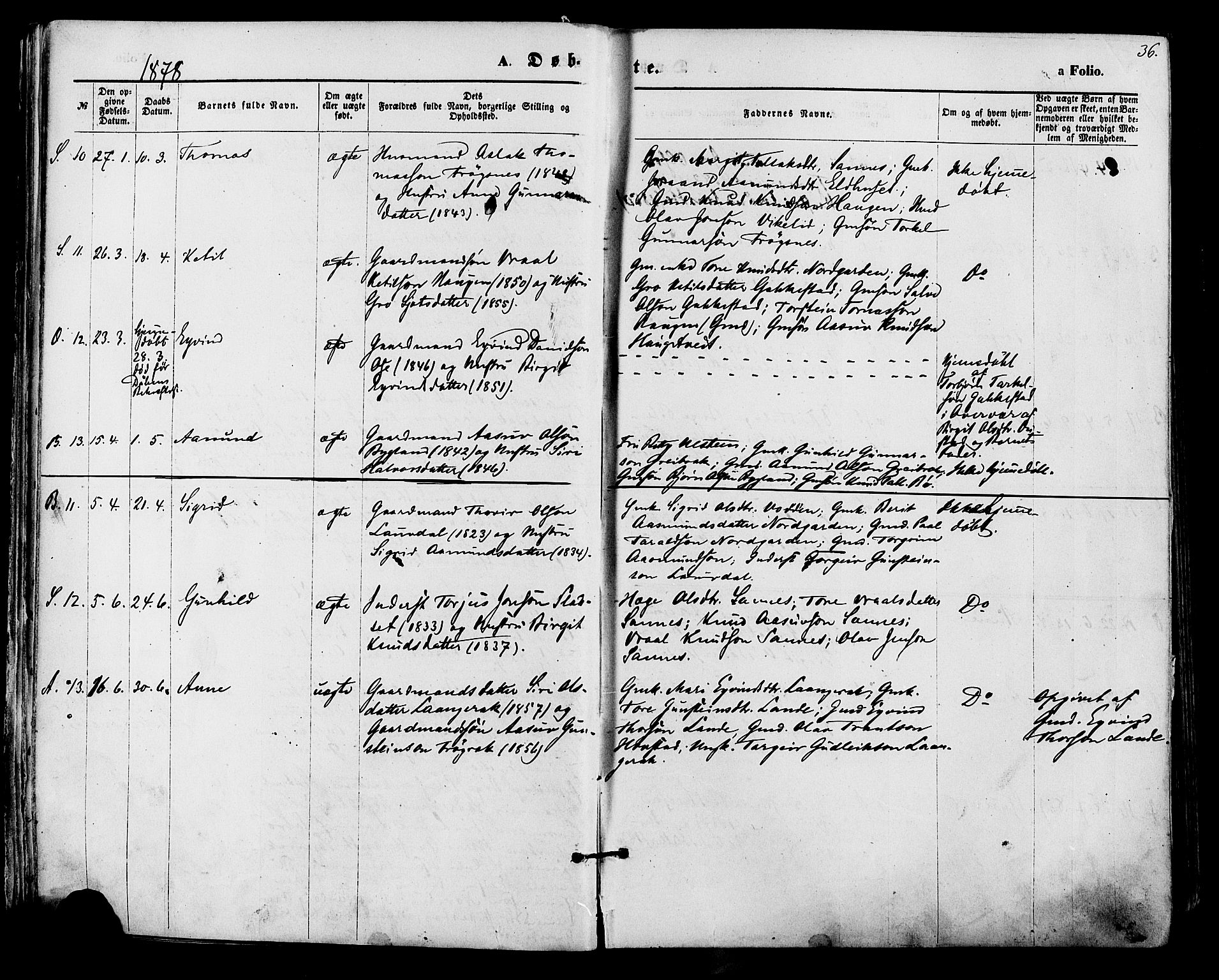 Bygland sokneprestkontor, AV/SAK-1111-0006/F/Fa/Fab/L0006: Parish register (official) no. A 6, 1873-1884, p. 36