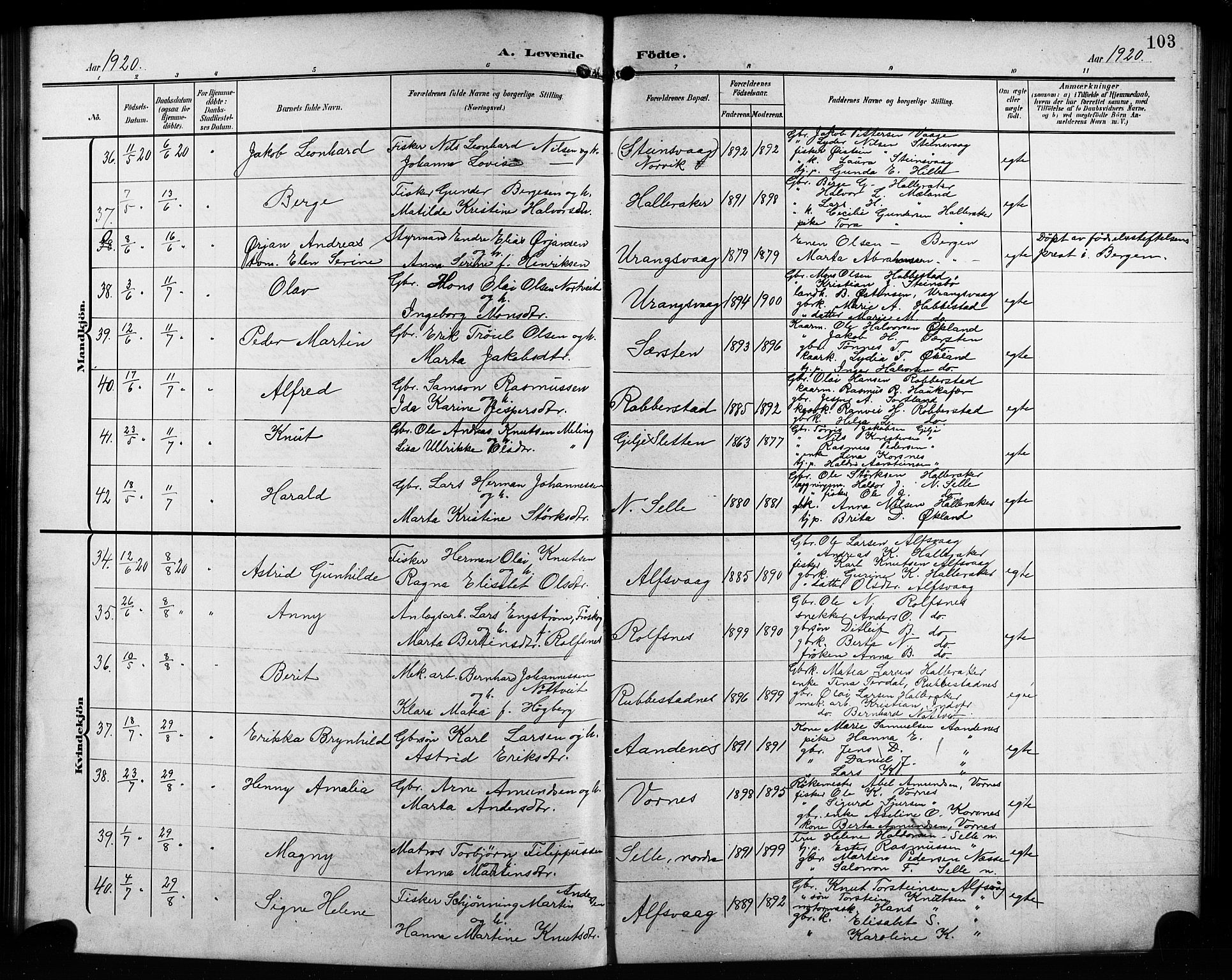 Finnås sokneprestembete, AV/SAB-A-99925/H/Ha/Hab/Habb/L0005: Parish register (copy) no. B 5, 1907-1920, p. 103