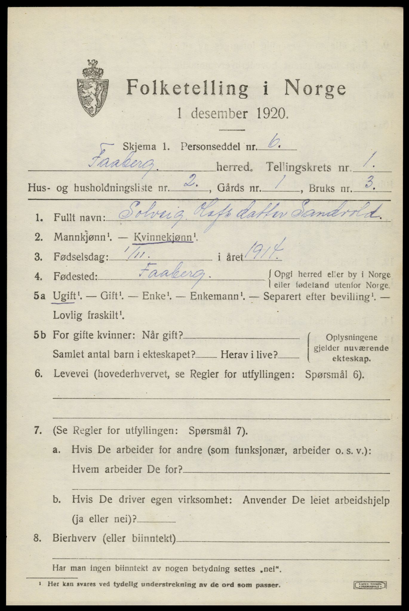 SAH, 1920 census for Fåberg, 1920, p. 2254