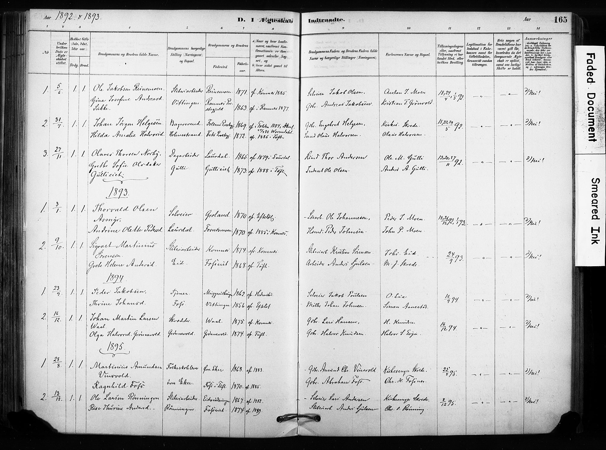Sandsvær kirkebøker, SAKO/A-244/F/Fc/L0001: Parish register (official) no. III 1, 1878-1923, p. 165
