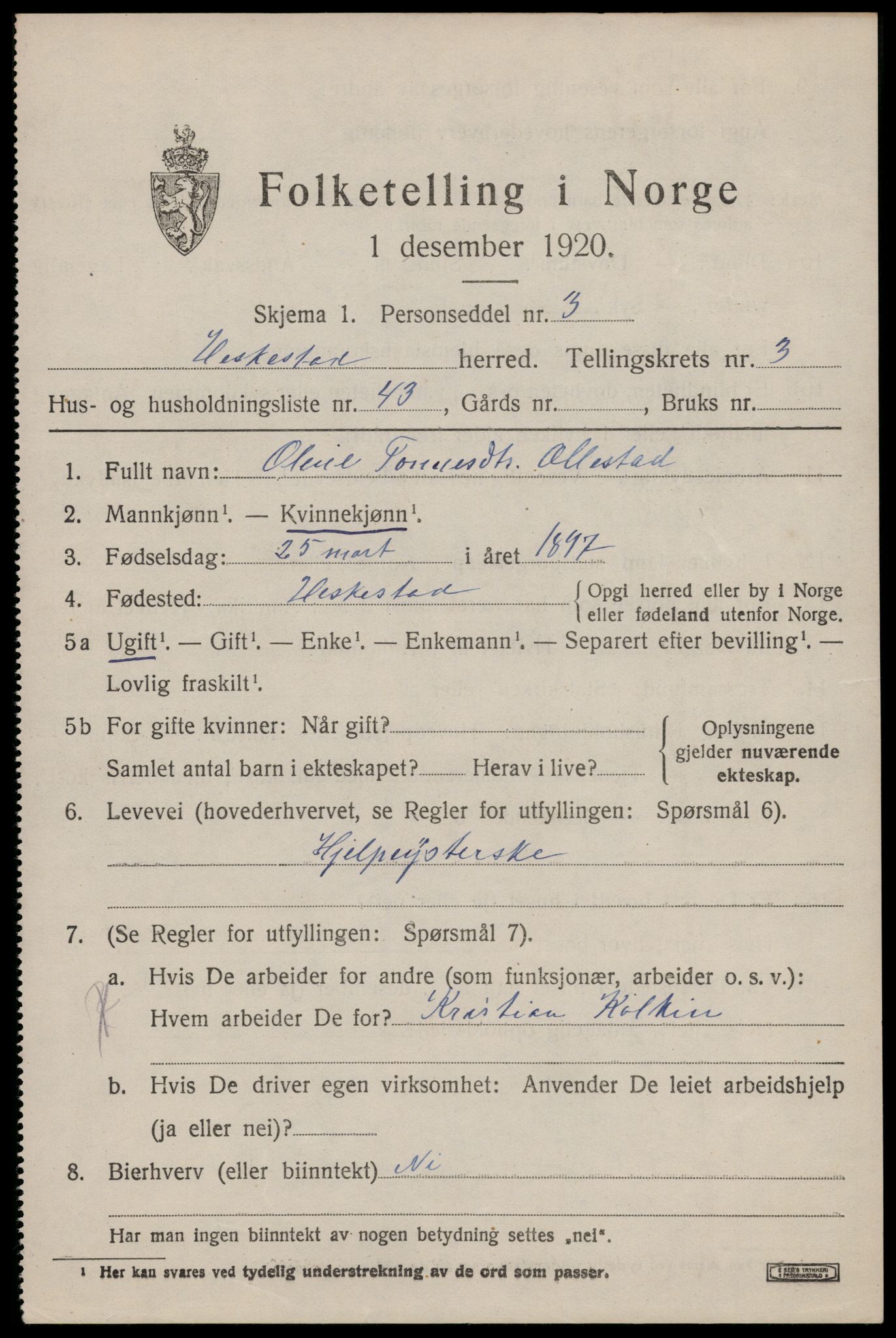 SAST, 1920 census for Heskestad, 1920, p. 1411