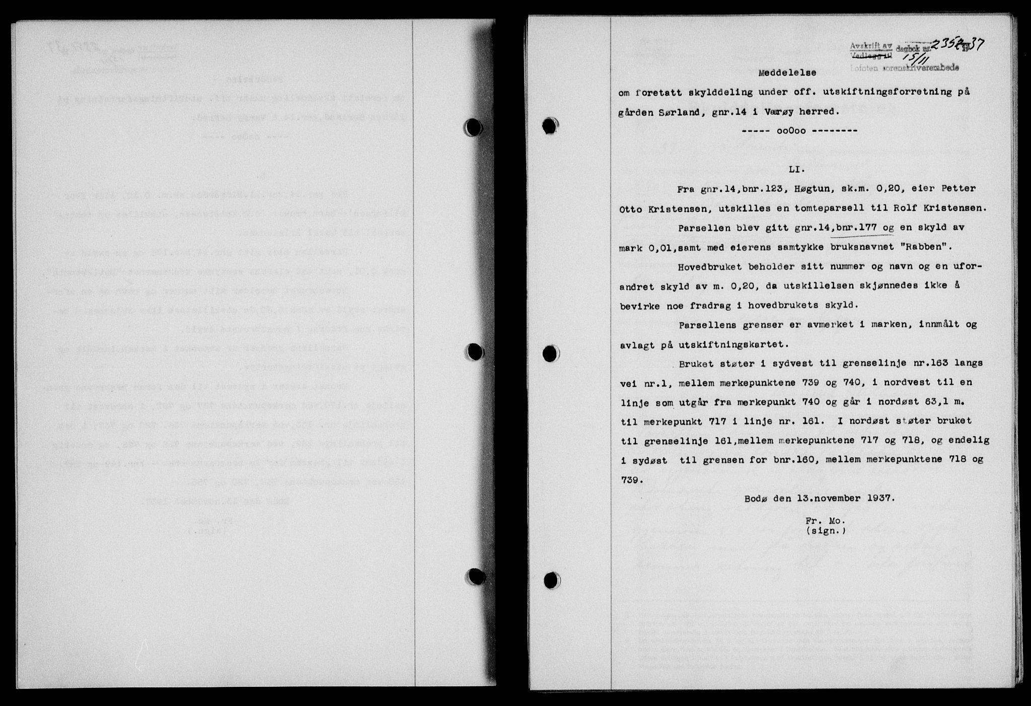 Lofoten sorenskriveri, SAT/A-0017/1/2/2C/L0003a: Mortgage book no. 3a, 1937-1938, Diary no: : 2352/1937