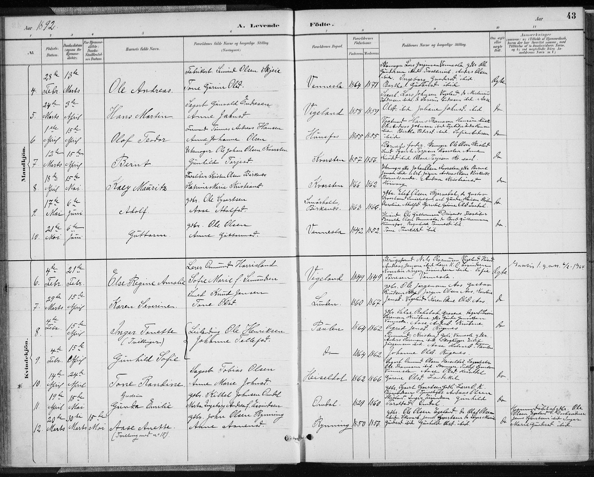 Vennesla sokneprestkontor, AV/SAK-1111-0045/Fa/Fab/L0004: Parish register (official) no. A 4, 1884-1896, p. 43