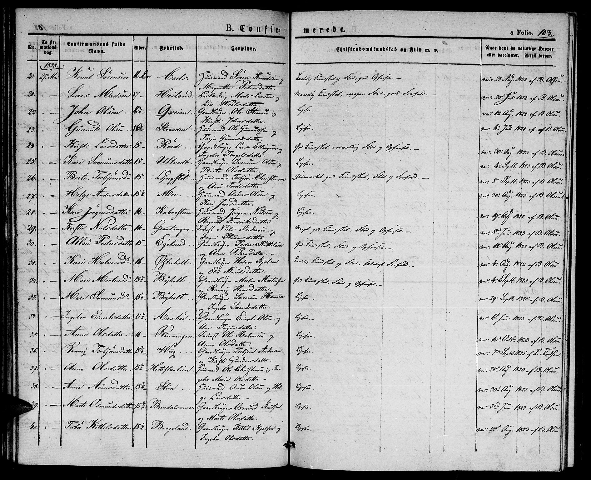 Gjerstad sokneprestkontor, AV/SAK-1111-0014/F/Fa/Faa/L0005: Parish register (official) no. A 5, 1829-1841, p. 103