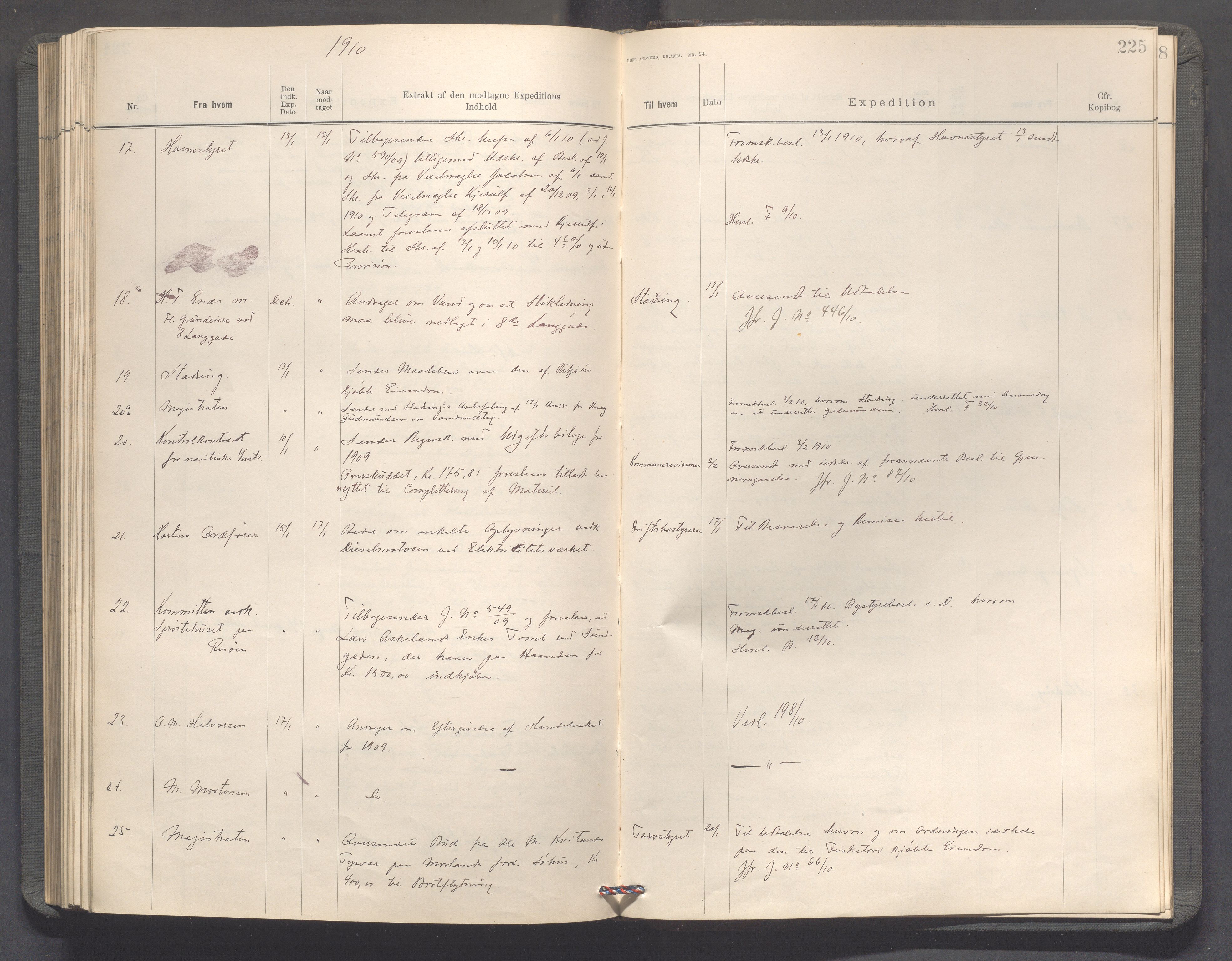 Haugesund kommune - Formannskapet, IKAR/X-0001/C/L0003: Journal, 1907-1910, p. 225