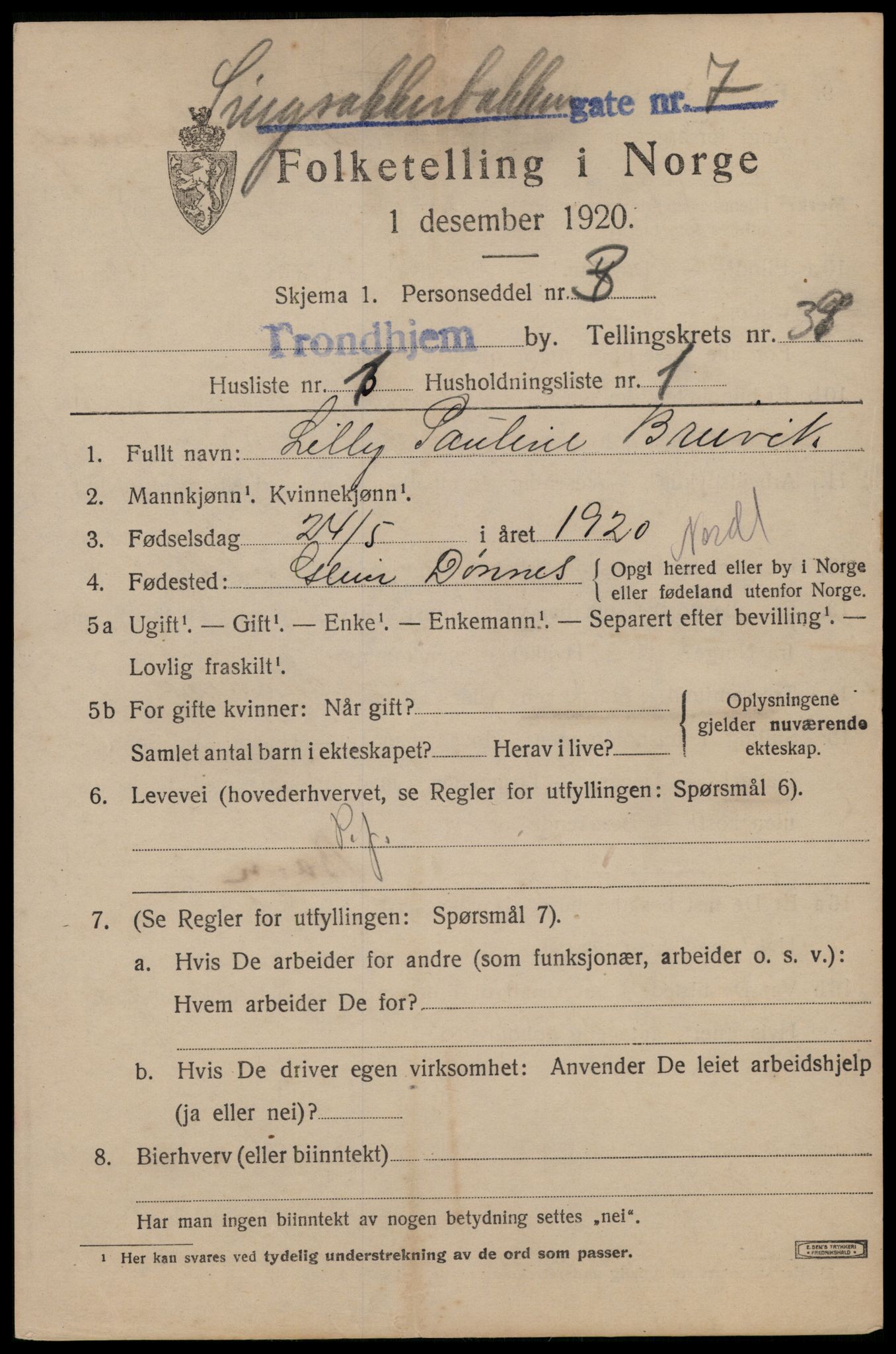 SAT, 1920 census for Trondheim, 1920, p. 87826