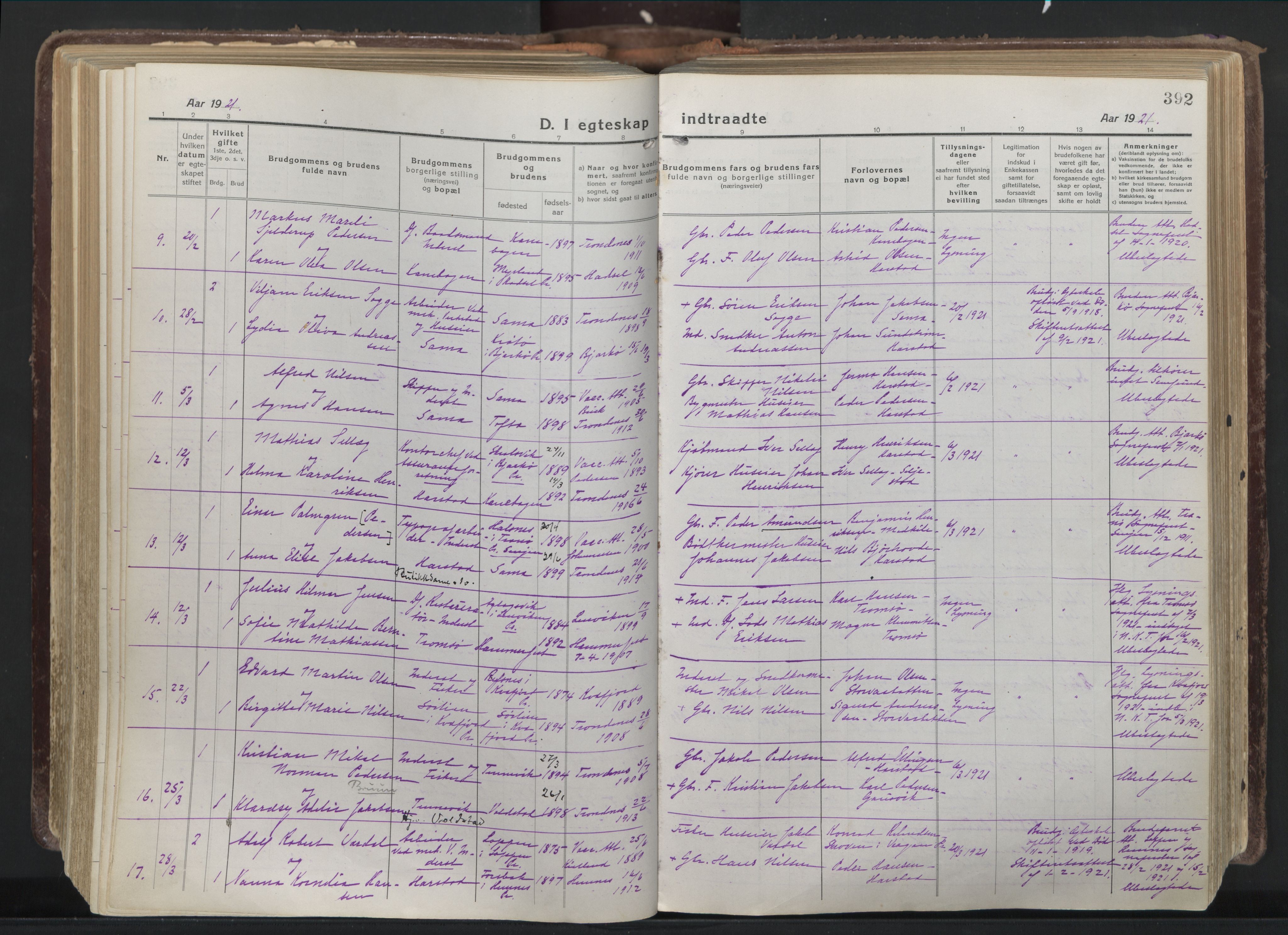 Trondenes sokneprestkontor, AV/SATØ-S-1319/H/Ha/L0019kirke: Parish register (official) no. 19, 1919-1928, p. 392