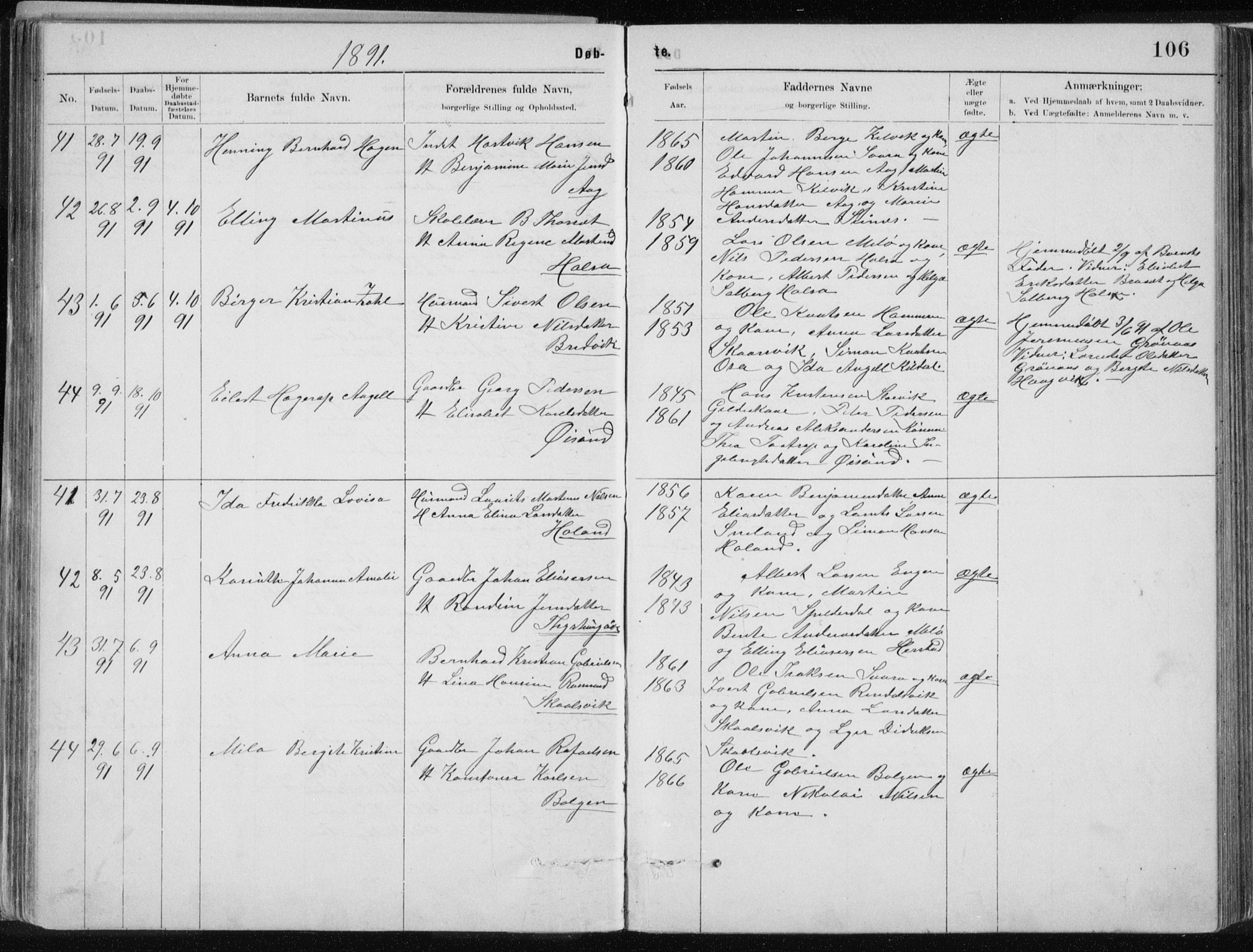 Ministerialprotokoller, klokkerbøker og fødselsregistre - Nordland, AV/SAT-A-1459/843/L0636: Parish register (copy) no. 843C05, 1884-1909, p. 106