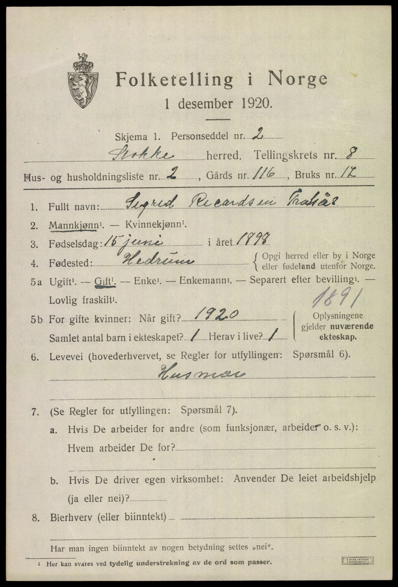 SAKO, 1920 census for Stokke, 1920, p. 9314