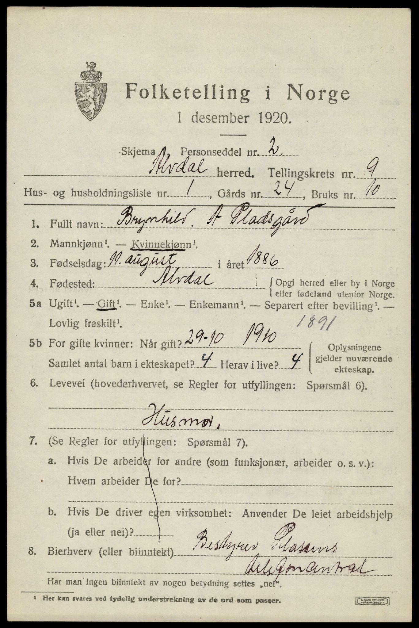 SAH, 1920 census for Alvdal, 1920, p. 4914