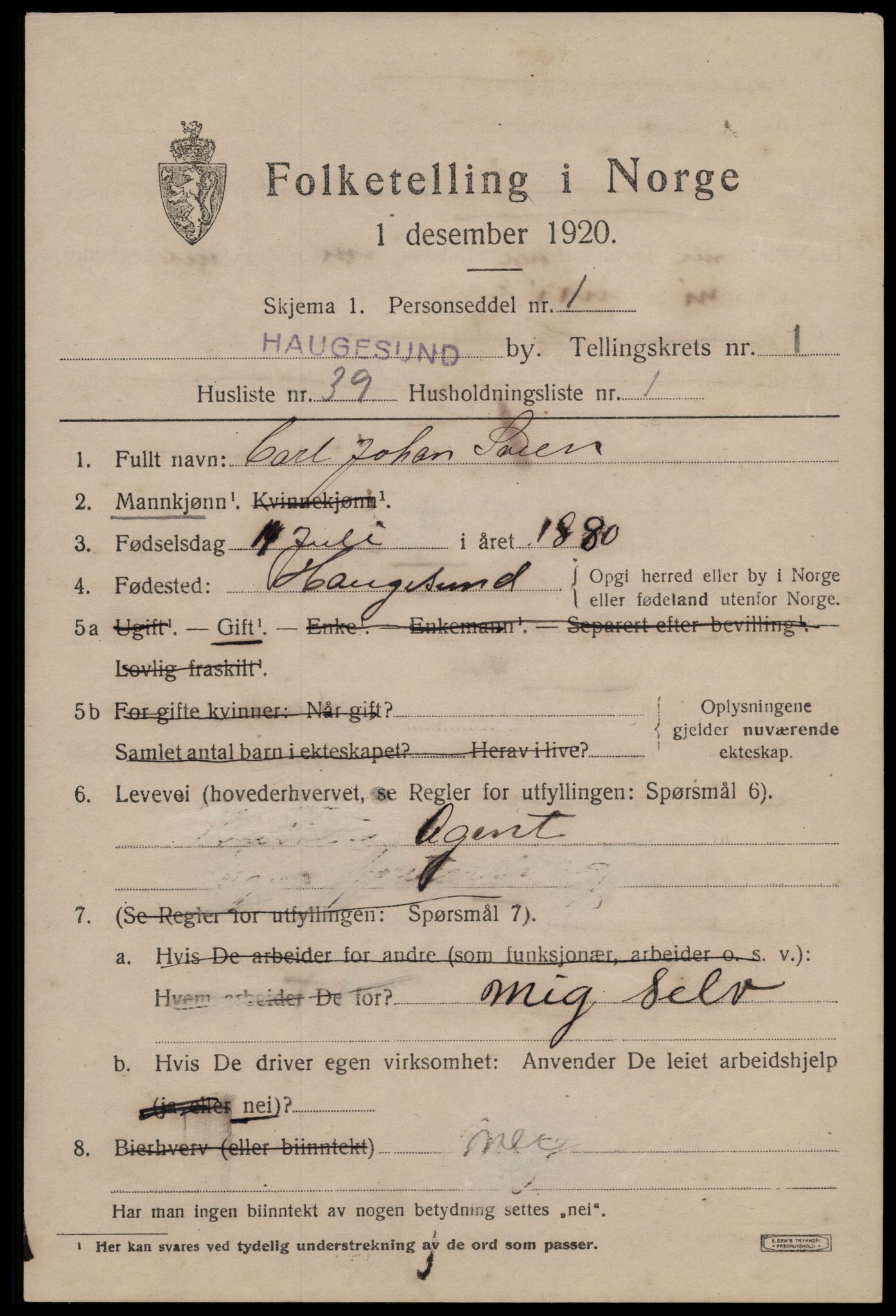 SAST, 1920 census for Haugesund, 1920, p. 12133