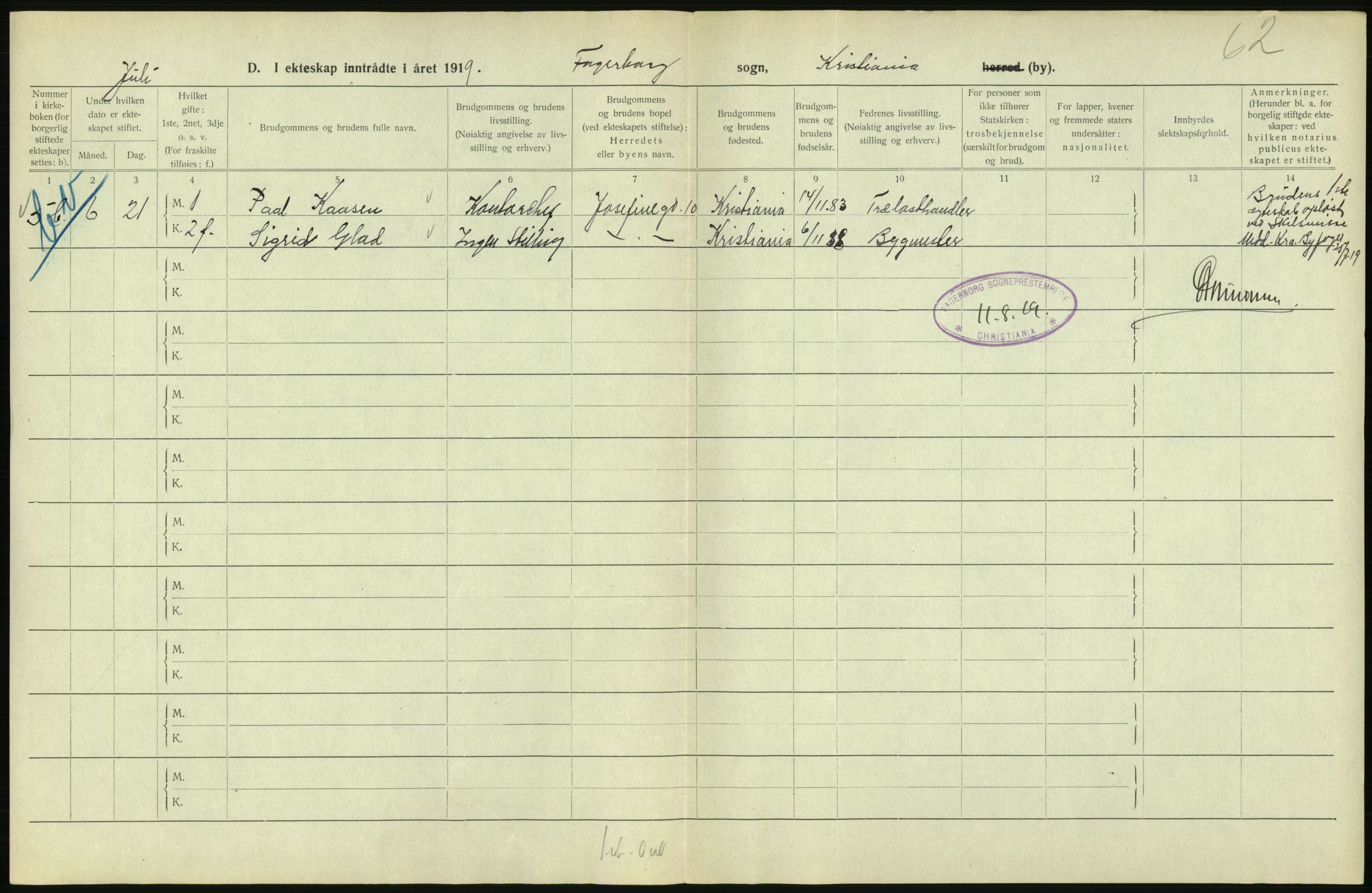 Statistisk sentralbyrå, Sosiodemografiske emner, Befolkning, AV/RA-S-2228/D/Df/Dfb/Dfbi/L0009: Kristiania: Gifte, 1919, p. 282