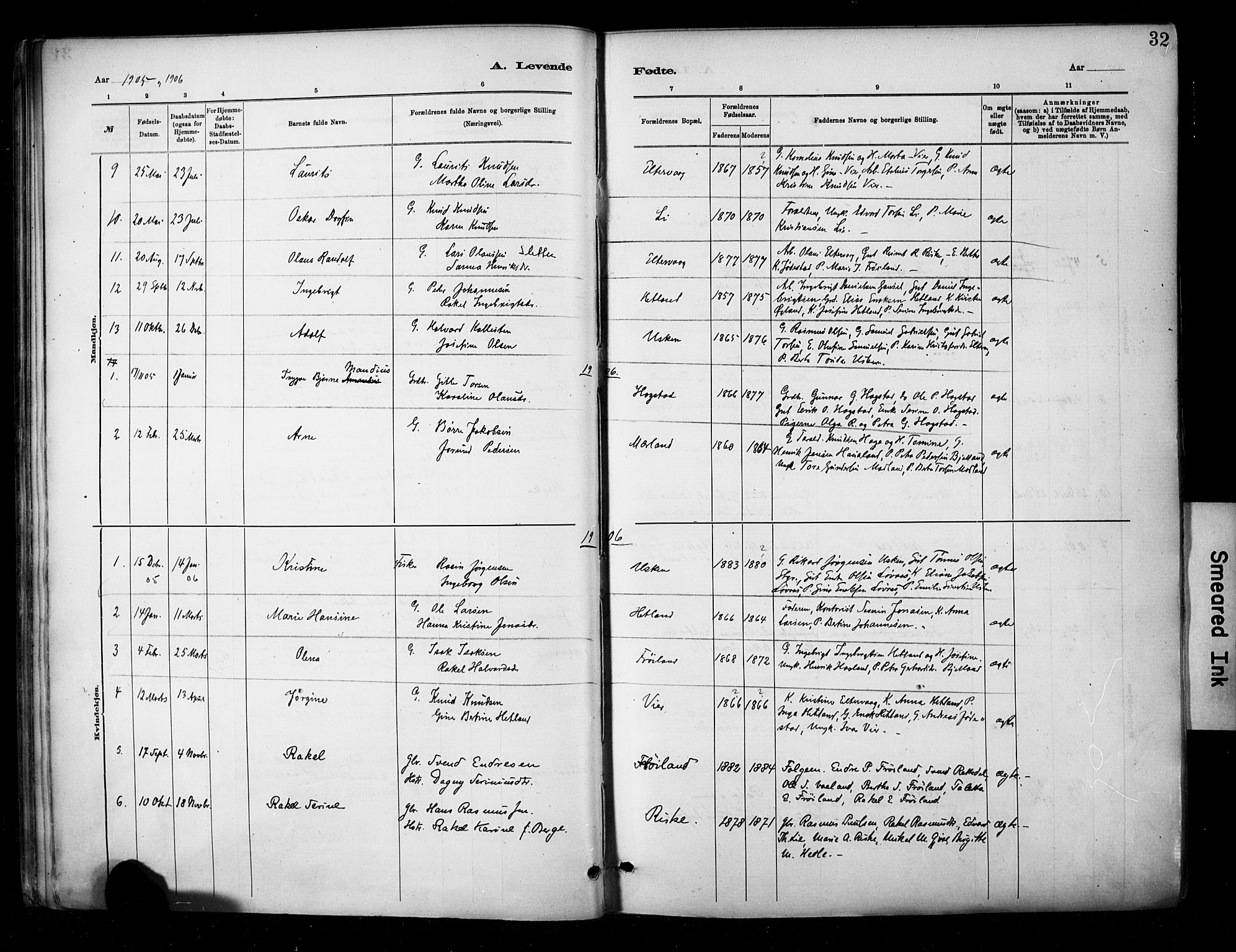 Hetland sokneprestkontor, SAST/A-101826/30/30BA/L0010: Parish register (official) no. A 10, 1882-1925, p. 32