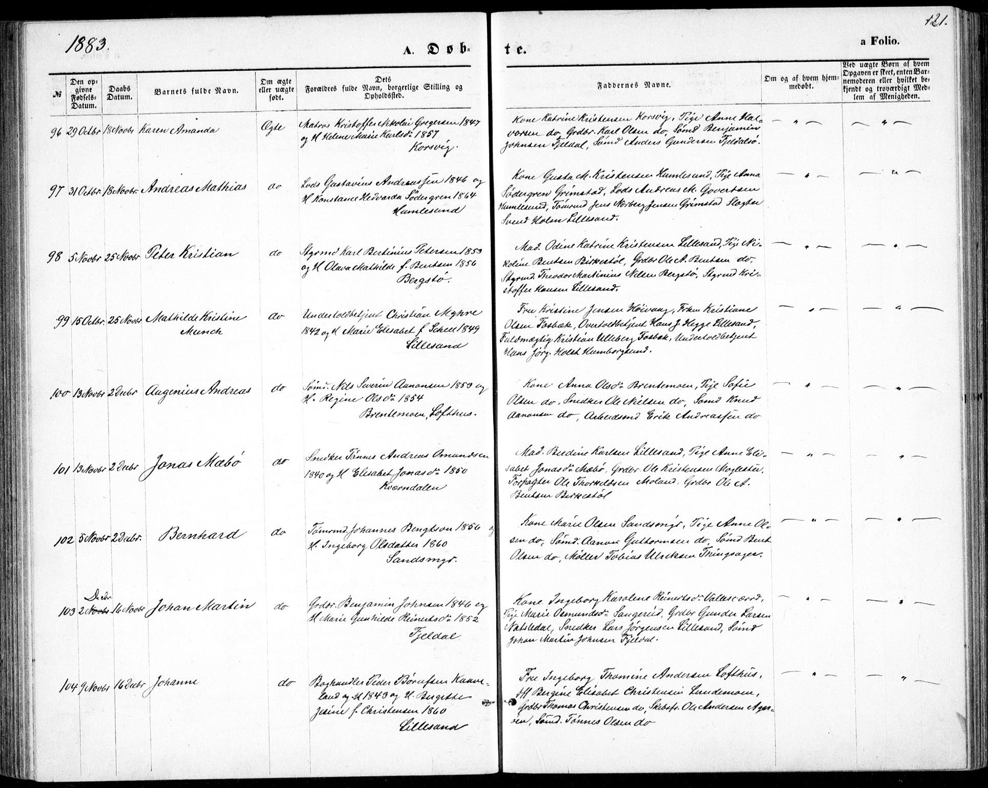 Vestre Moland sokneprestkontor, AV/SAK-1111-0046/F/Fb/Fbb/L0005: Parish register (copy) no. B 5, 1872-1883, p. 121