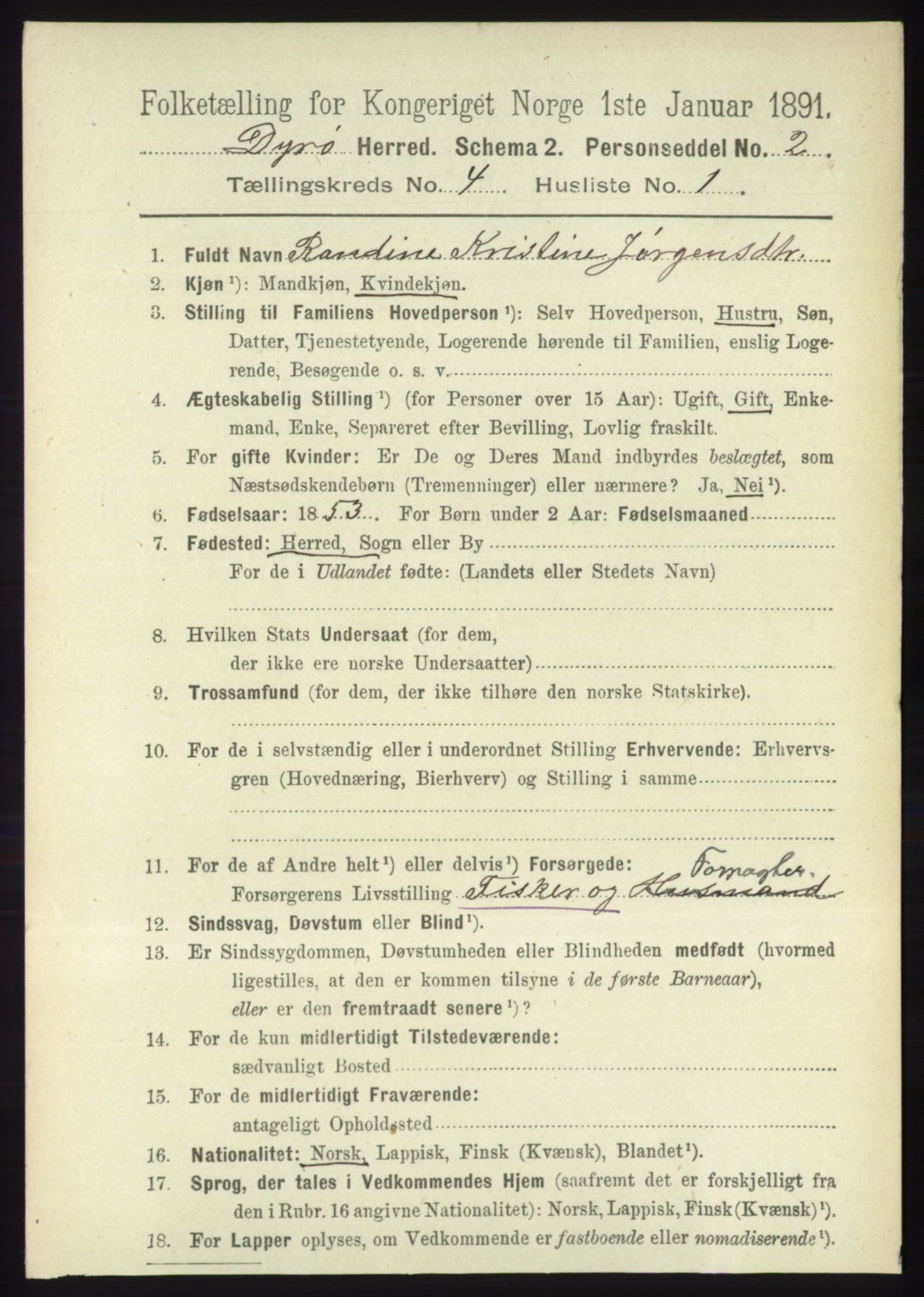 RA, 1891 census for 1926 Dyrøy, 1891, p. 1506