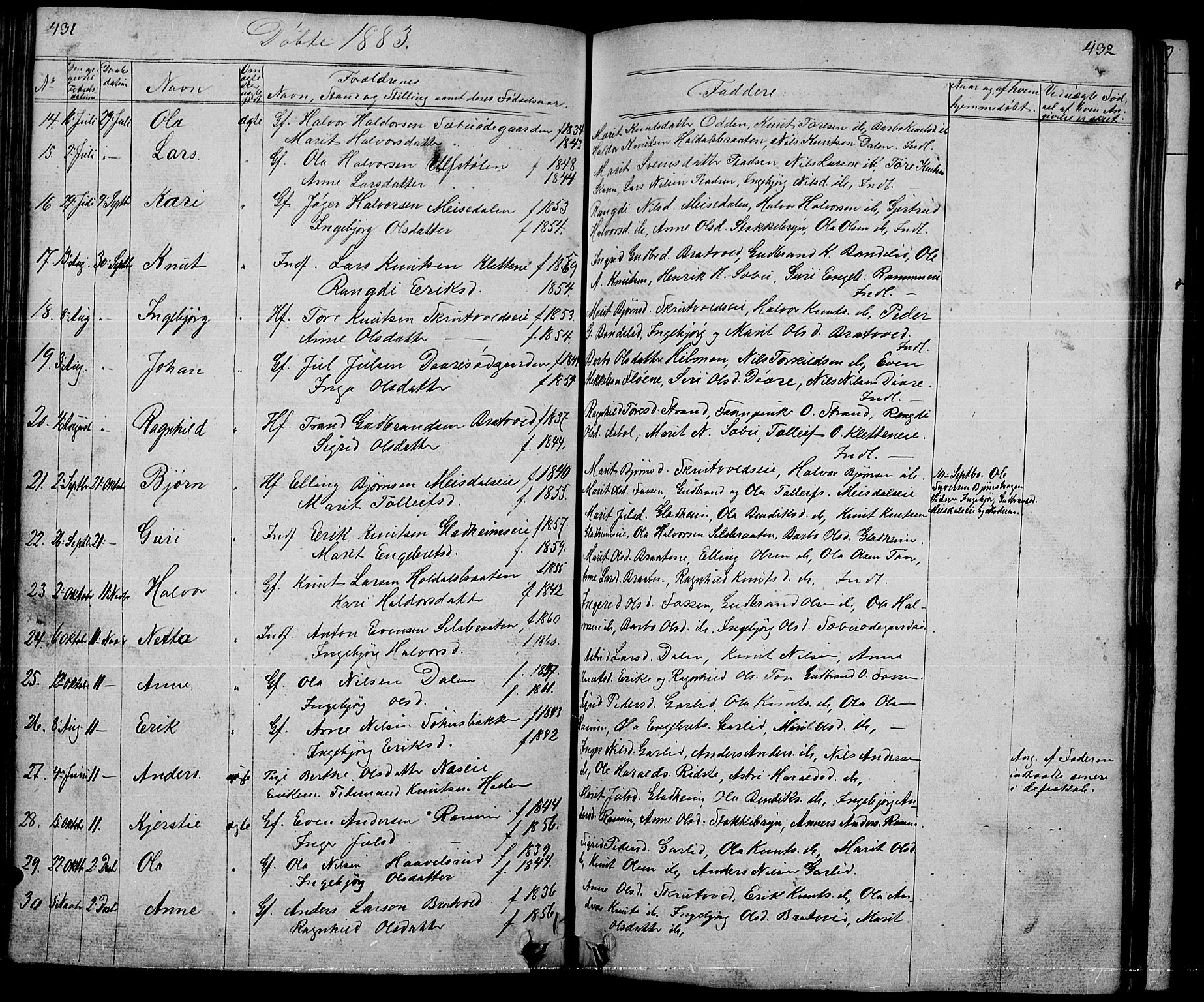 Nord-Aurdal prestekontor, AV/SAH-PREST-132/H/Ha/Hab/L0001: Parish register (copy) no. 1, 1834-1887, p. 431-432