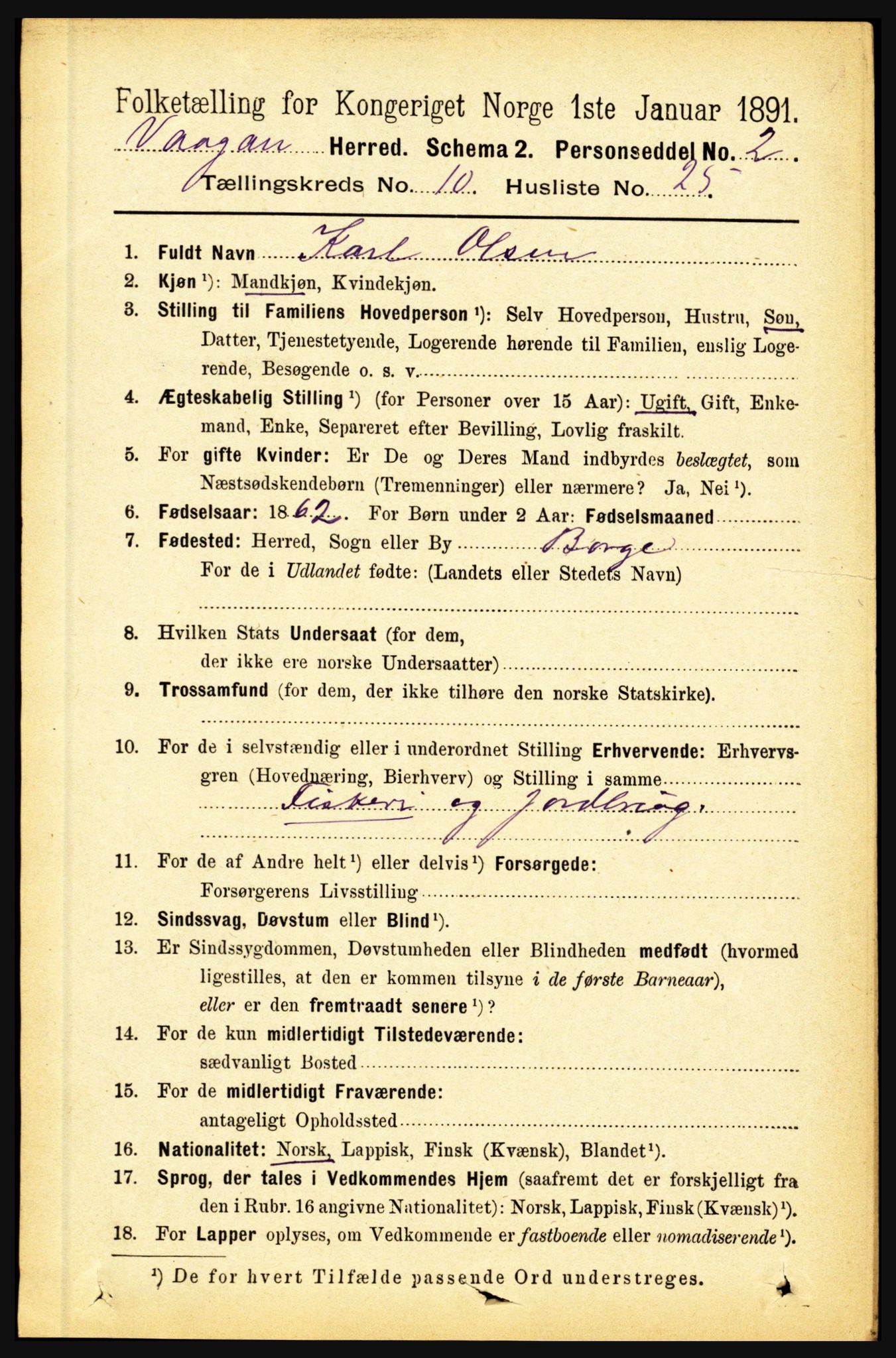 RA, 1891 census for 1865 Vågan, 1891, p. 2704