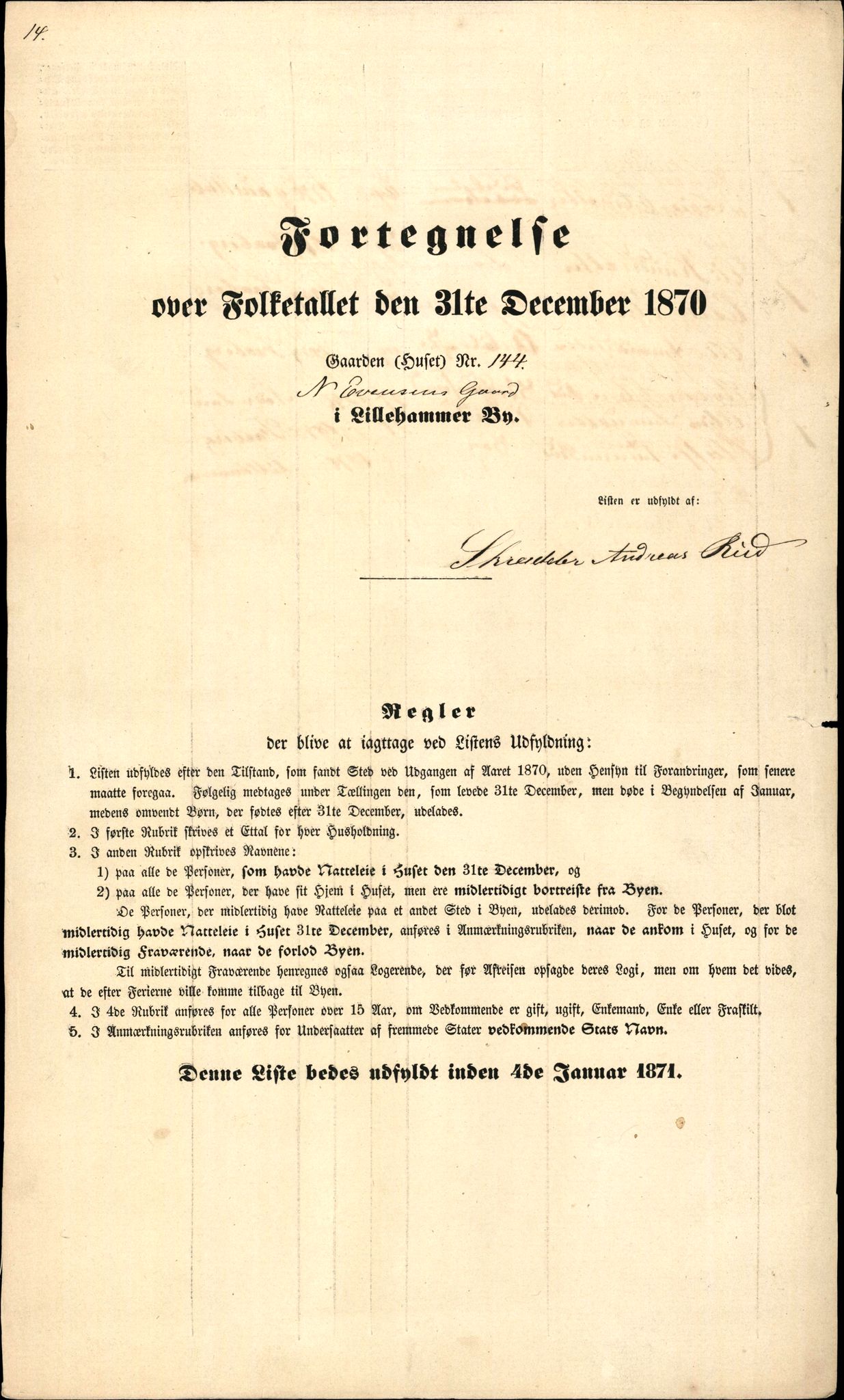 RA, 1870 census for 0501 Lillehammer, 1870, p. 14