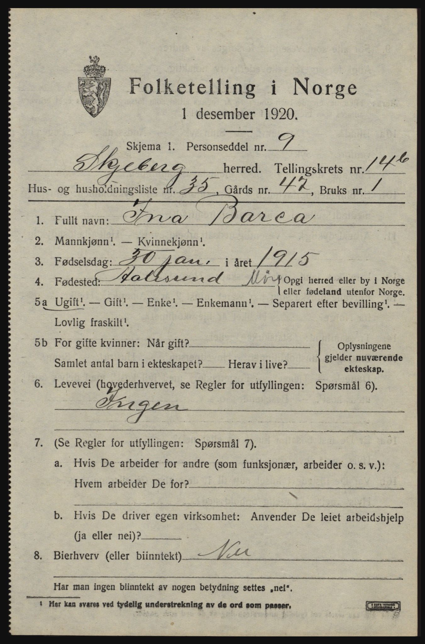 SAO, 1920 census for Skjeberg, 1920, p. 14763