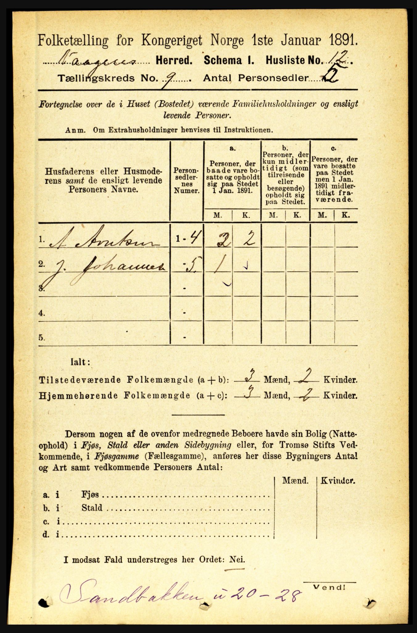 RA, 1891 census for 1865 Vågan, 1891, p. 2227