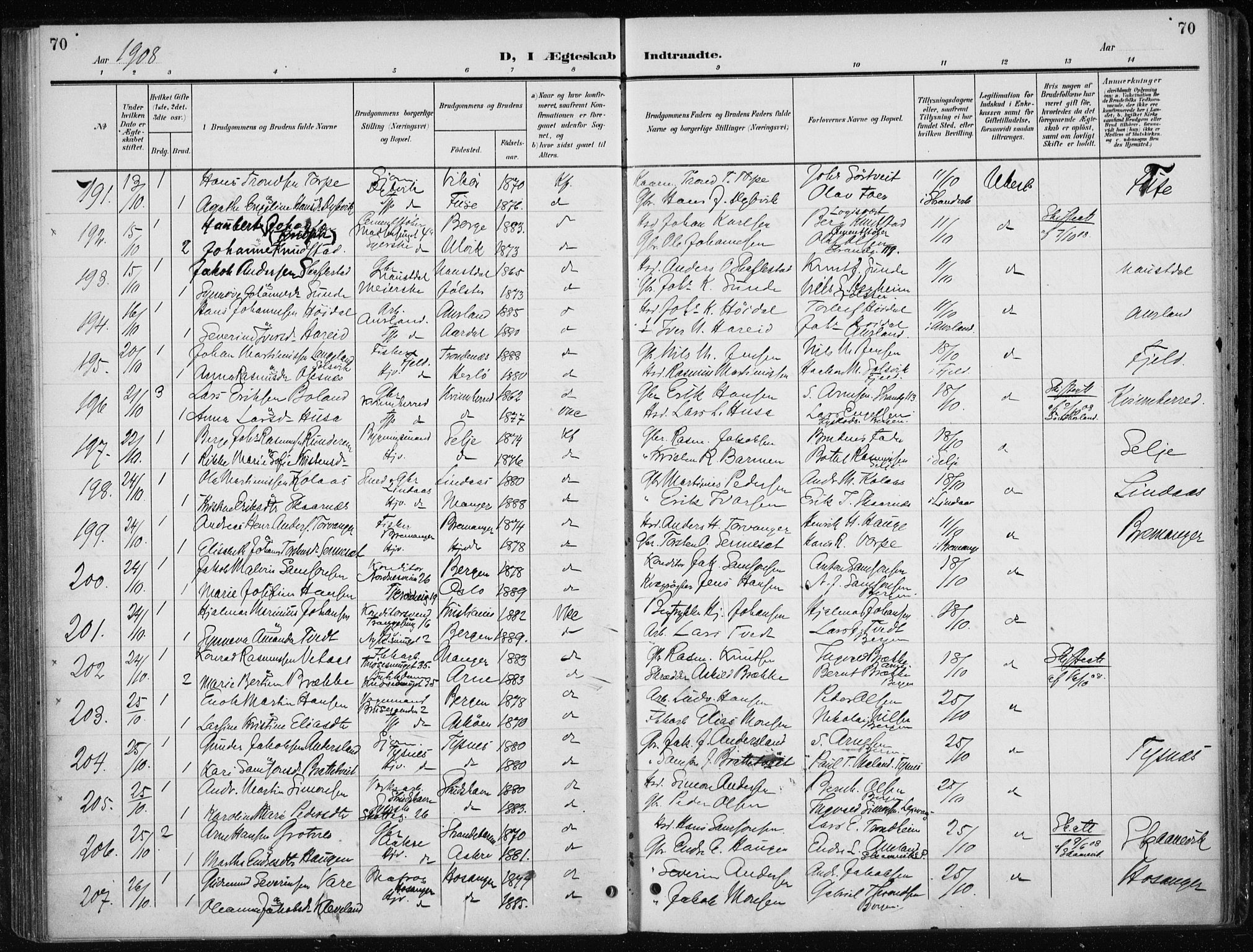Nykirken Sokneprestembete, AV/SAB-A-77101/H/Haa/L0035: Parish register (official) no. D 5, 1905-1913, p. 70