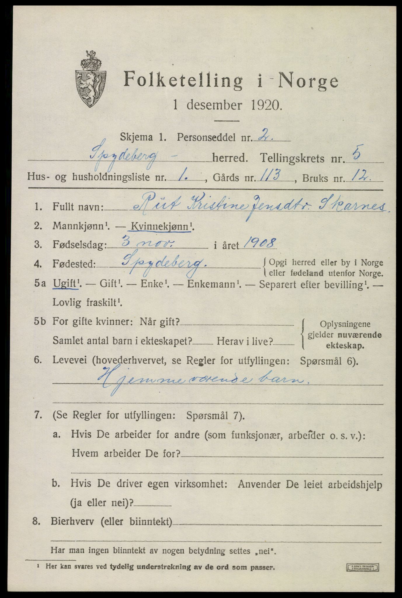 SAO, 1920 census for Spydeberg, 1920, p. 6141